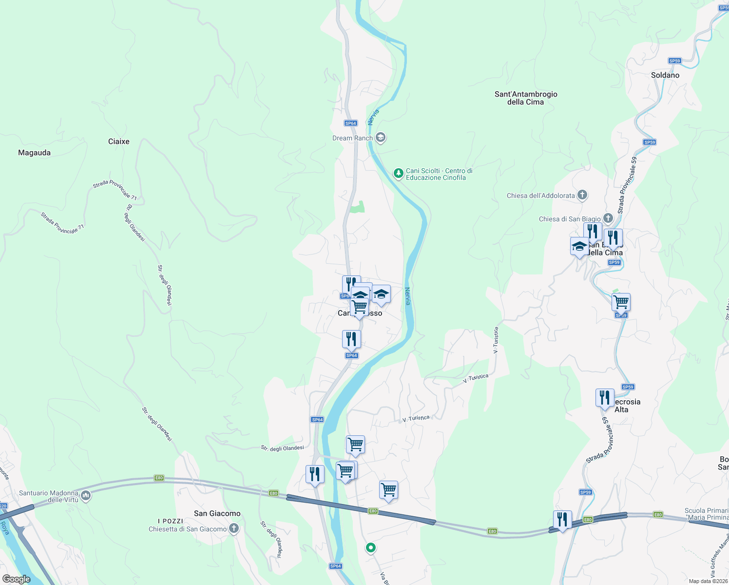 map of restaurants, bars, coffee shops, grocery stores, and more near 31 Via Magenta in Camporosso