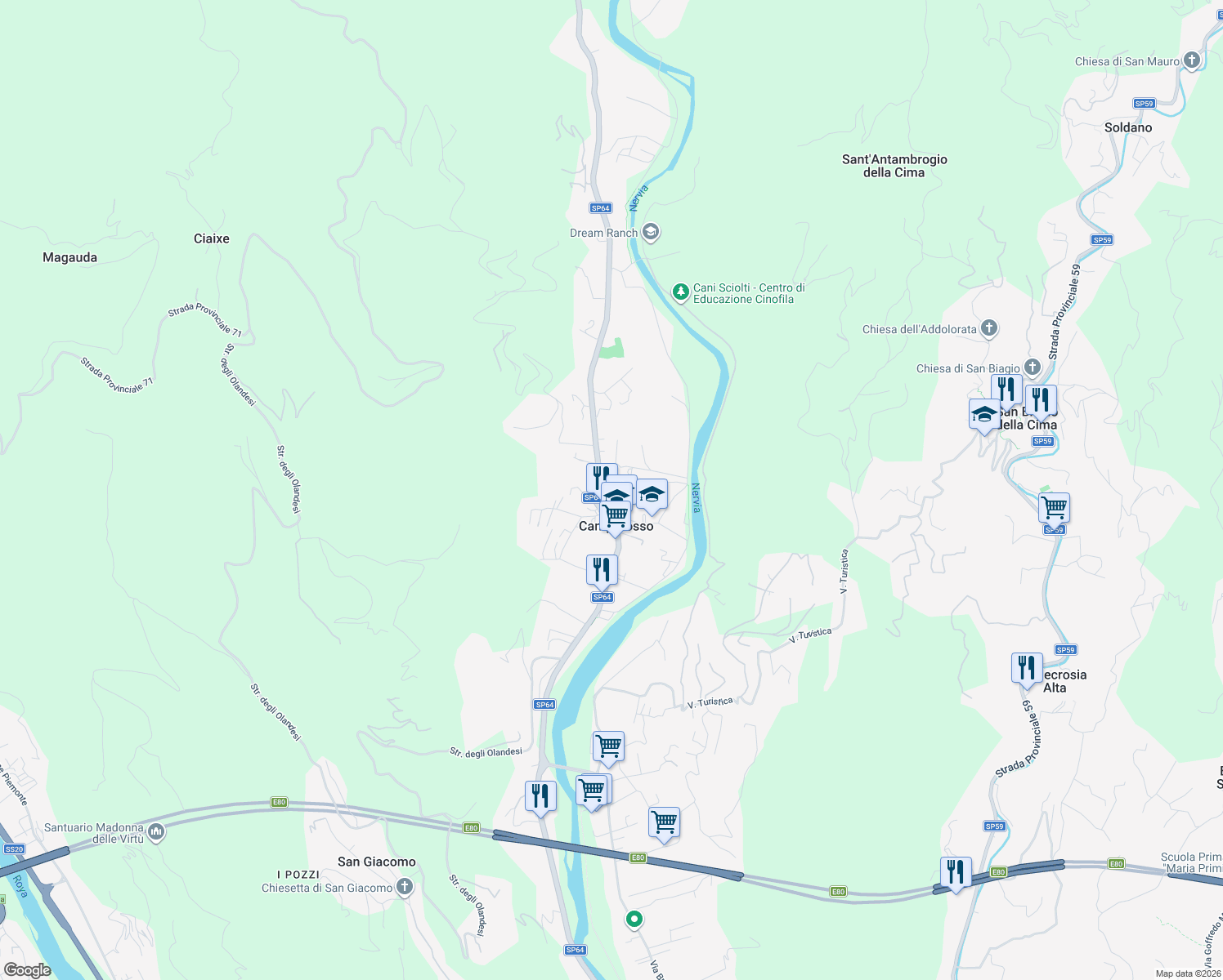map of restaurants, bars, coffee shops, grocery stores, and more near 31 Via Magenta in Camporosso