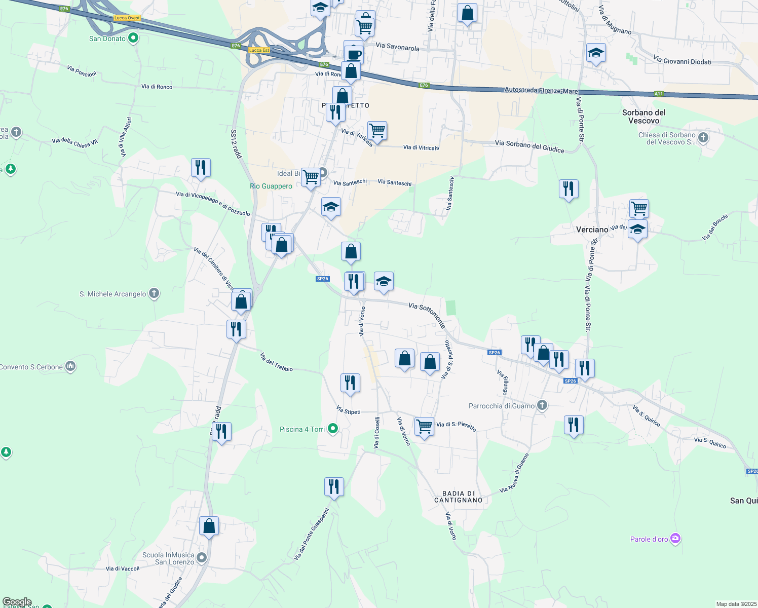 map of restaurants, bars, coffee shops, grocery stores, and more near 12 Via Sottomonte in Capannori