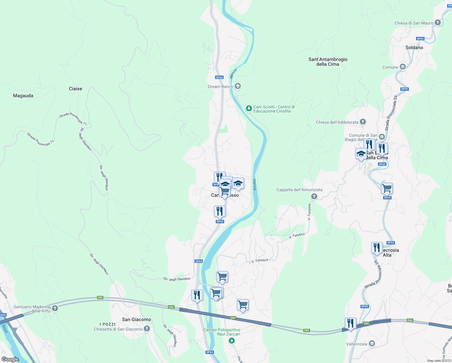 map of restaurants, bars, coffee shops, grocery stores, and more near 31 Via Magenta in Camporosso