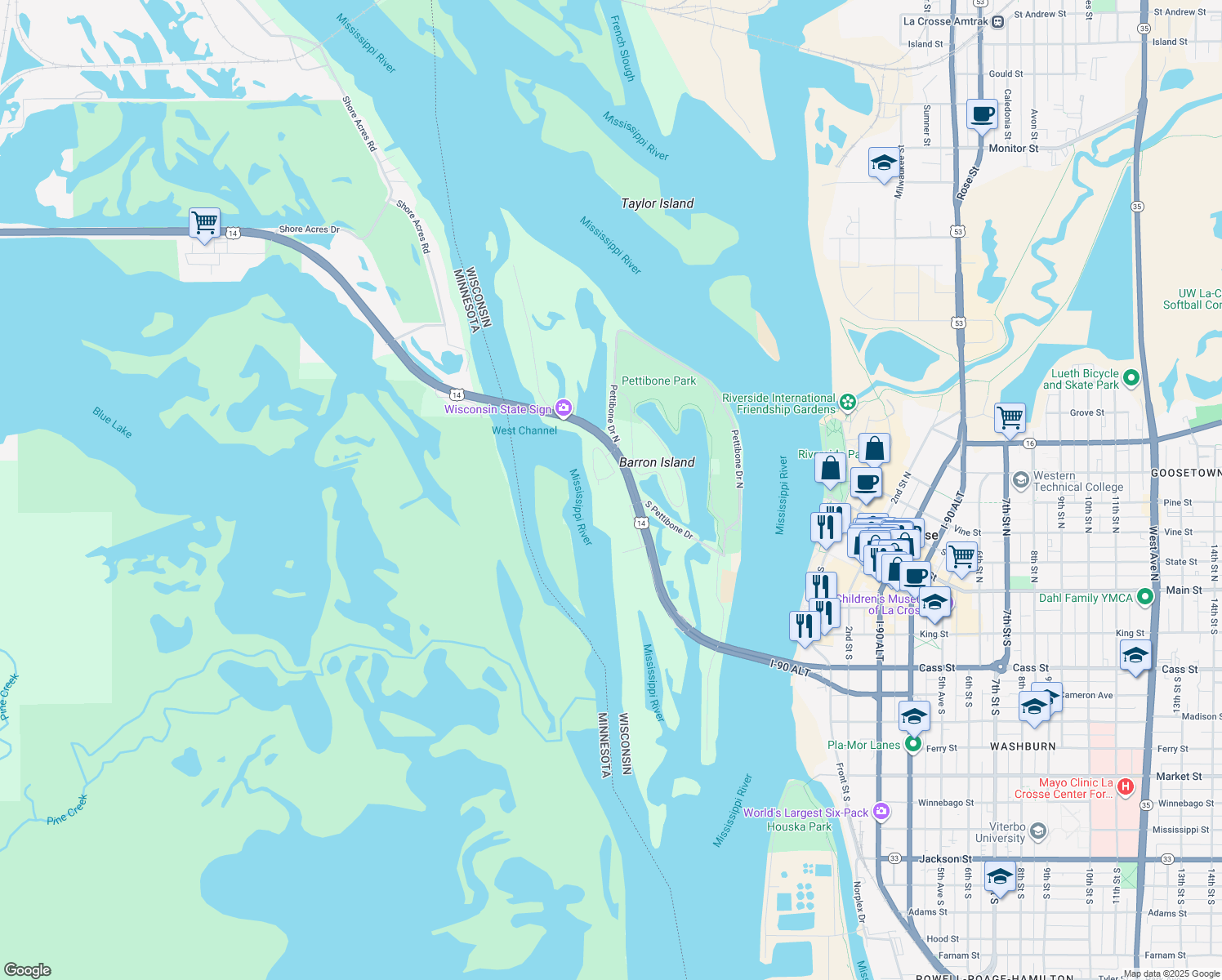 map of restaurants, bars, coffee shops, grocery stores, and more near 529 Park Plaza Drive in La Crosse