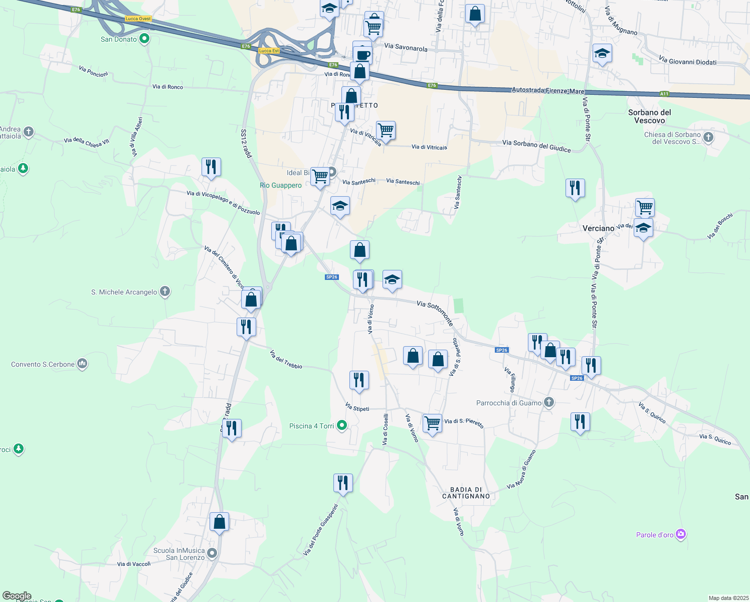 map of restaurants, bars, coffee shops, grocery stores, and more near 12 Via di Sottomonte in Capannori