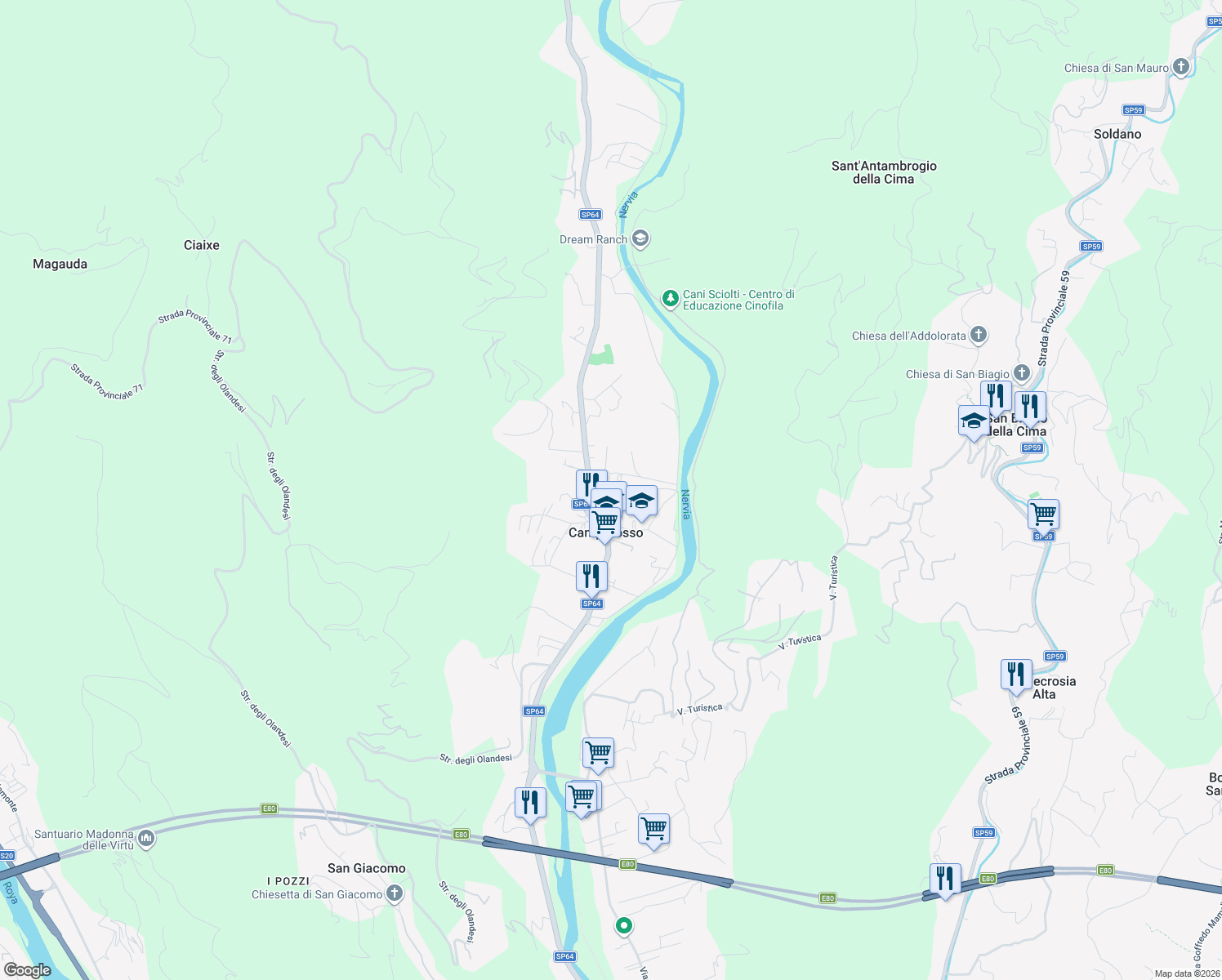 map of restaurants, bars, coffee shops, grocery stores, and more near 31 Via Magenta in Camporosso