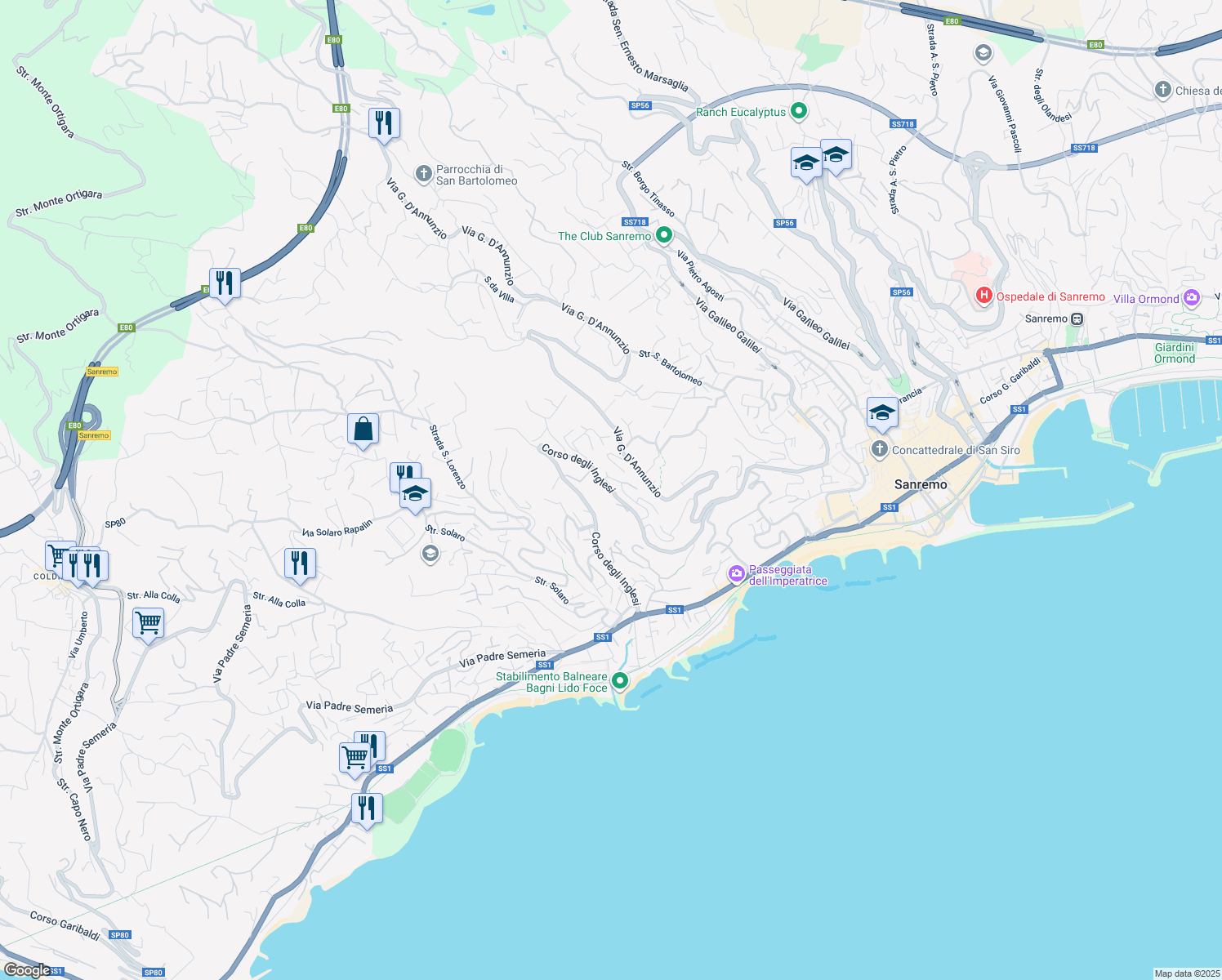 map of restaurants, bars, coffee shops, grocery stores, and more near 490 Corso degli Inglesi in Sanremo
