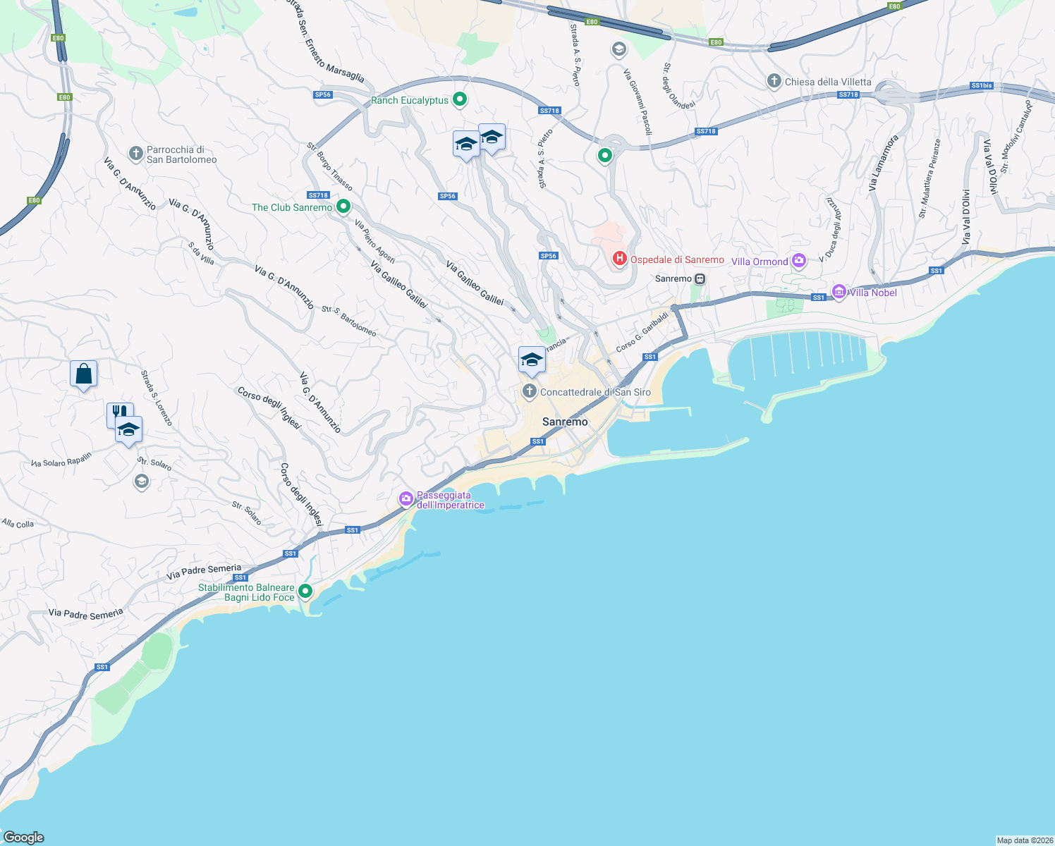 map of restaurants, bars, coffee shops, grocery stores, and more near Vicolo Chintagna in Sanremo