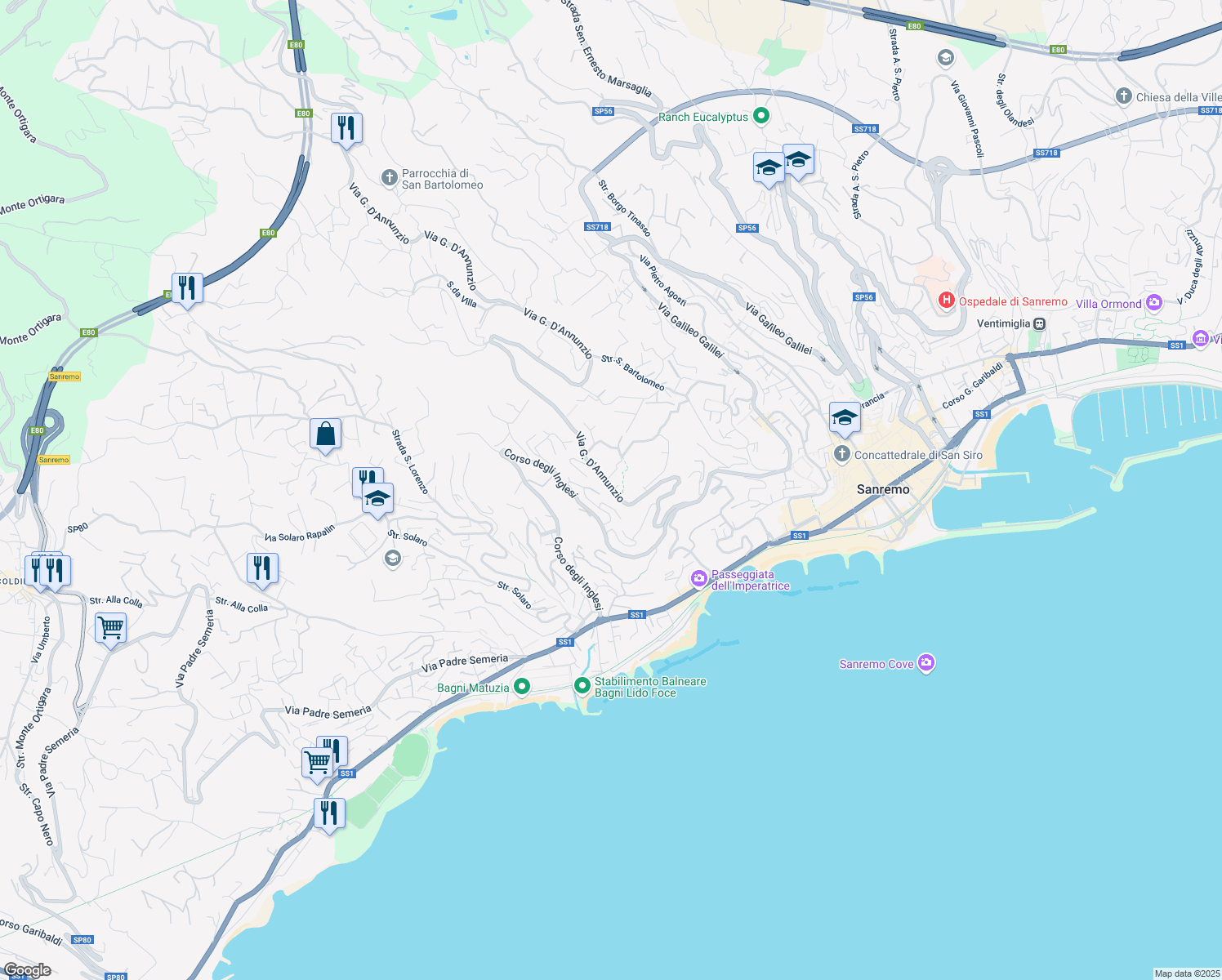 map of restaurants, bars, coffee shops, grocery stores, and more near 52 Via Gabriele D'Annunzio in Sanremo