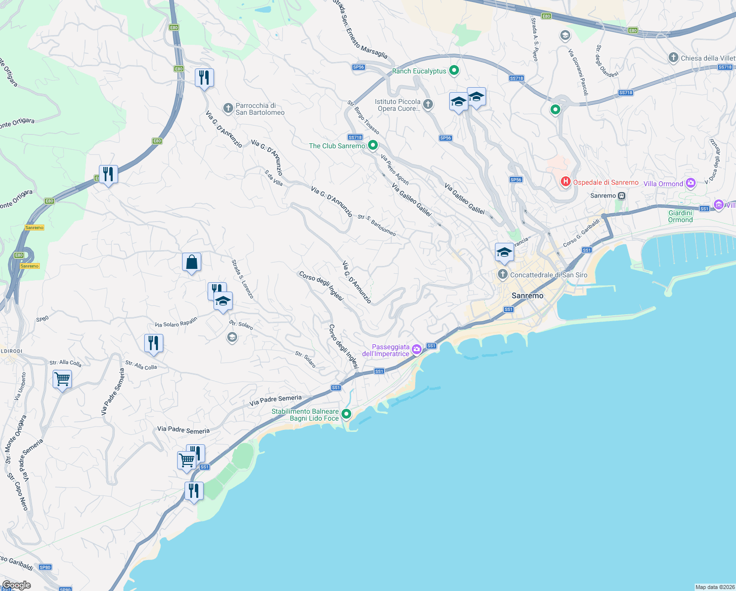 map of restaurants, bars, coffee shops, grocery stores, and more near 40 Via G. D'Annunzio in Sanremo