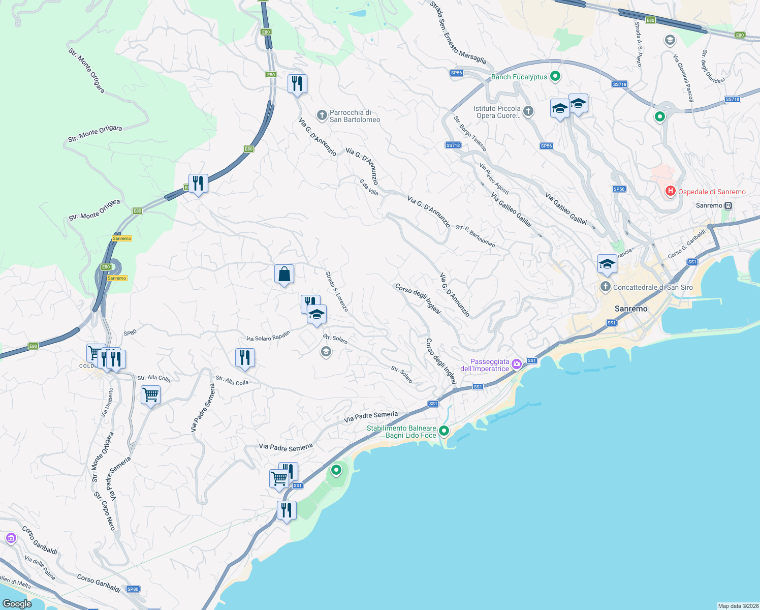 map of restaurants, bars, coffee shops, grocery stores, and more near 16 Strada Domenico Cotta in Sanremo