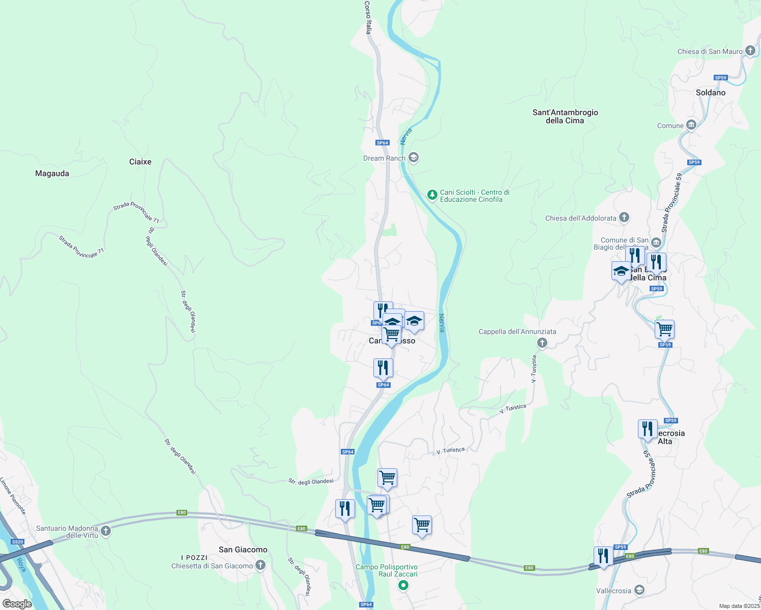map of restaurants, bars, coffee shops, grocery stores, and more near Strada Provinciale 64 in Camporosso