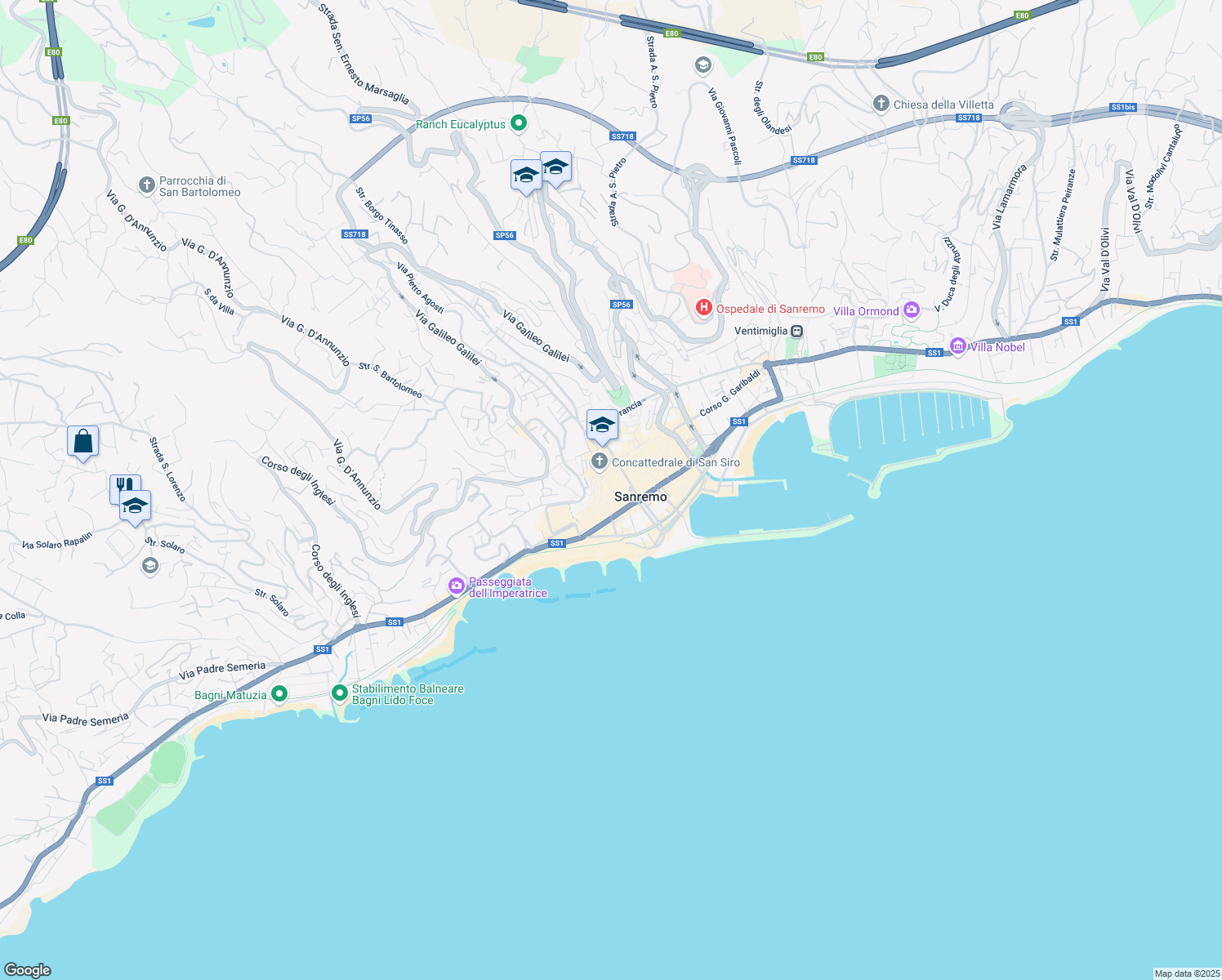 map of restaurants, bars, coffee shops, grocery stores, and more near Vicolo Chintagna in Sanremo