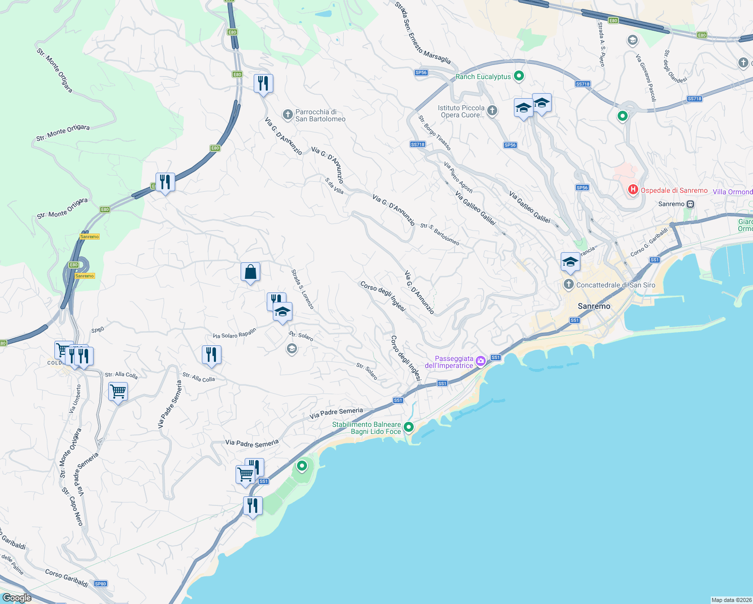 map of restaurants, bars, coffee shops, grocery stores, and more near 7 Via Privata Elena in Sanremo
