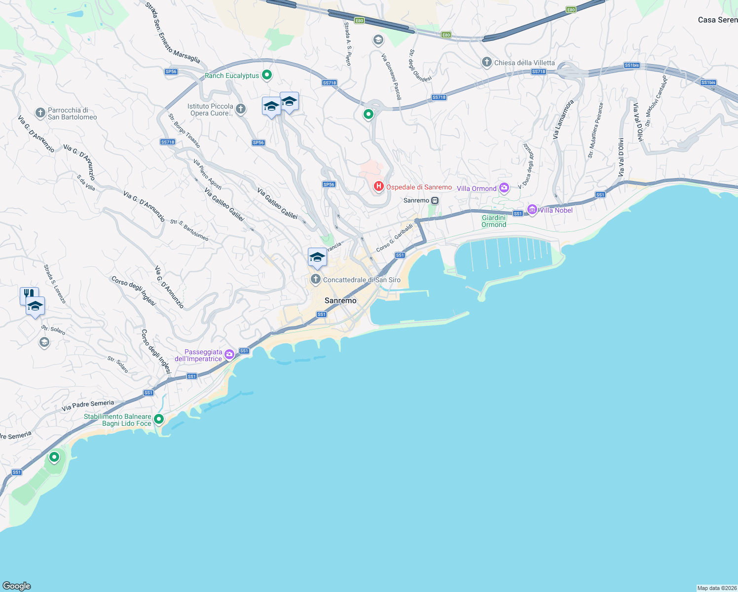 map of restaurants, bars, coffee shops, grocery stores, and more near 34 Via Bartolomeo Asquasciati in Sanremo