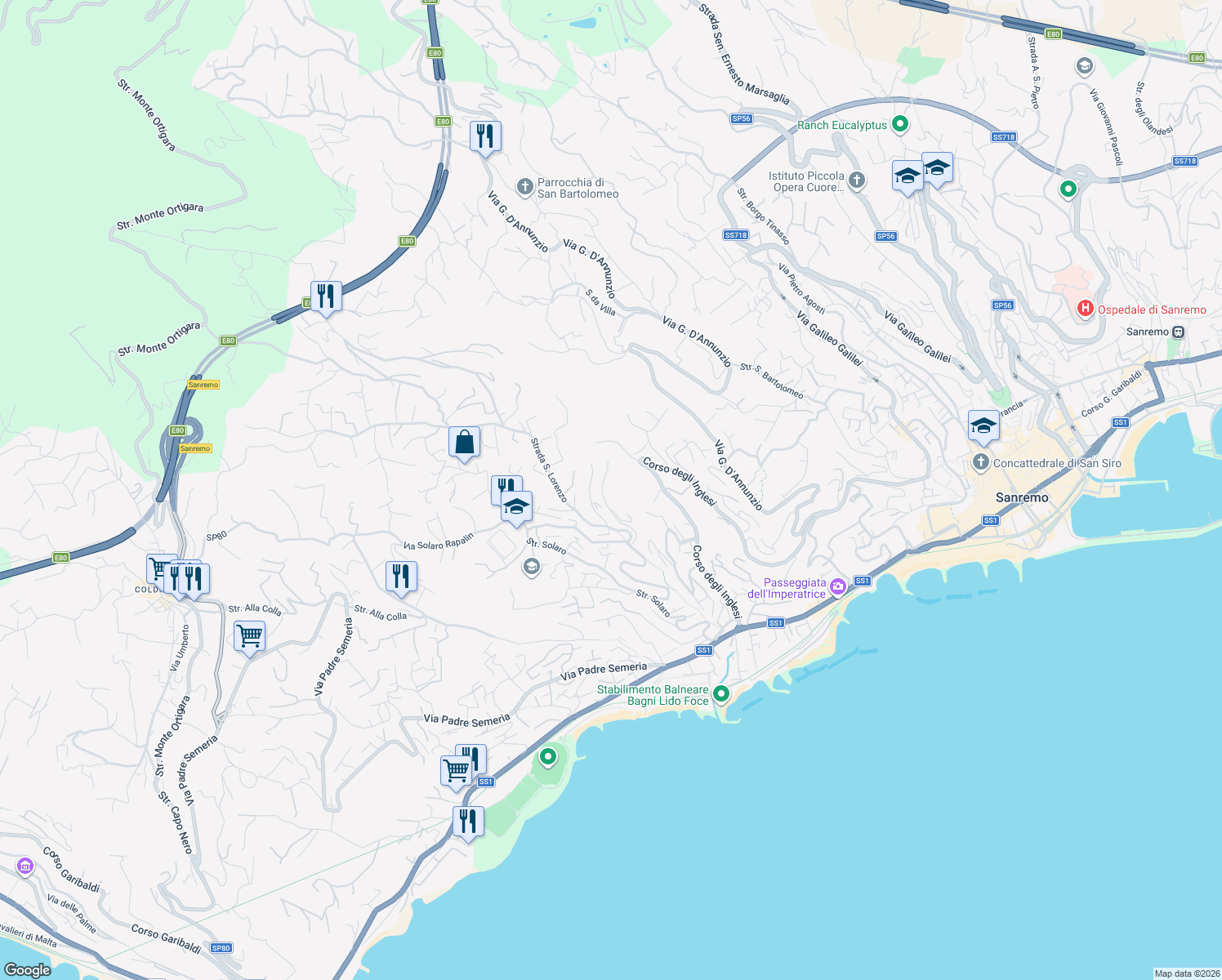 map of restaurants, bars, coffee shops, grocery stores, and more near 16 Strada Domenico Cotta in Sanremo