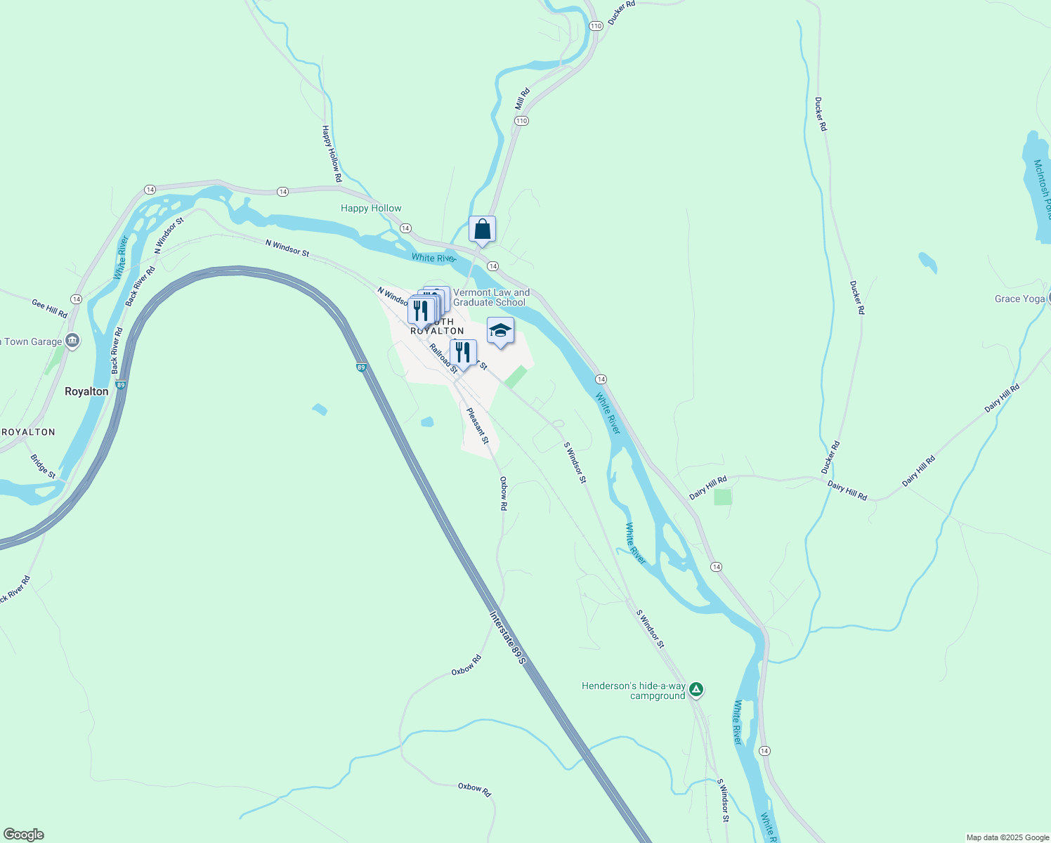 map of restaurants, bars, coffee shops, grocery stores, and more near 418 South Windsor Street in Royalton