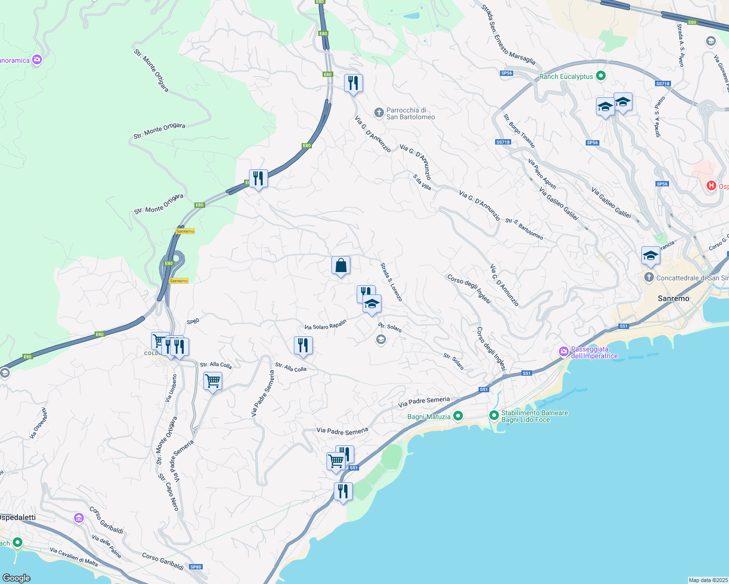 map of restaurants, bars, coffee shops, grocery stores, and more near 16b Strada Privata delle Rose in Sanremo