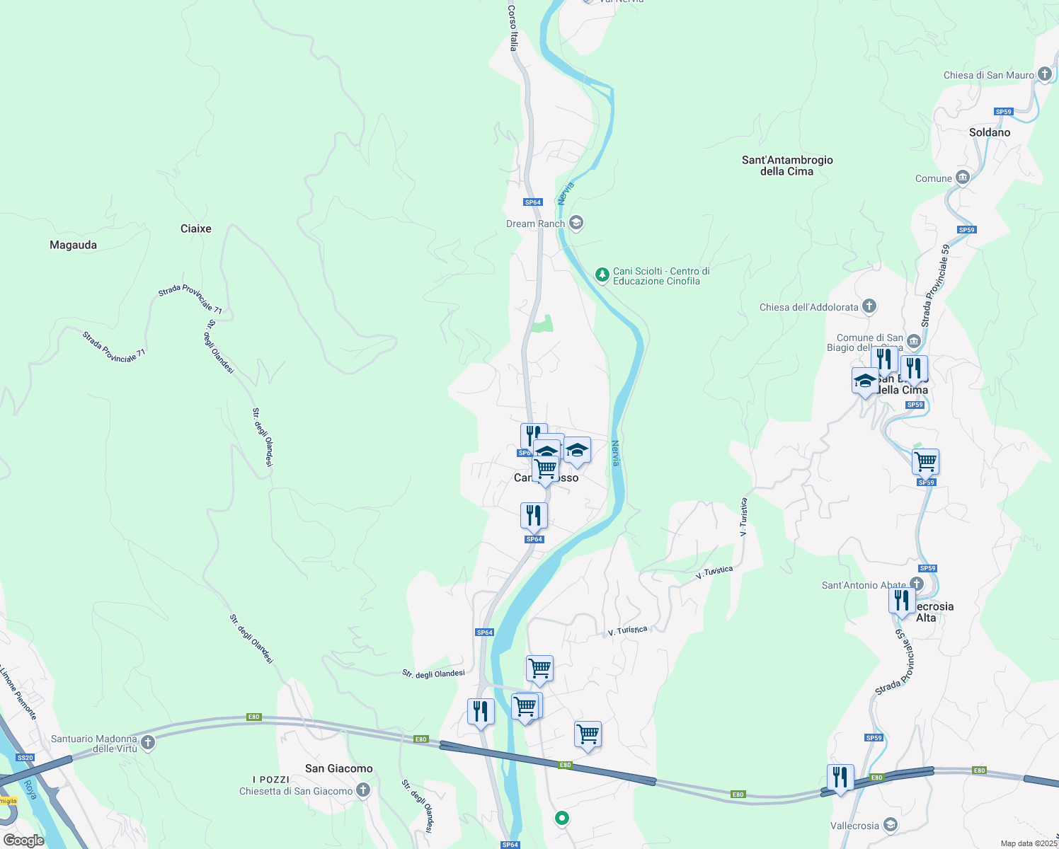 map of restaurants, bars, coffee shops, grocery stores, and more near 15 Piazza Giuseppe Mazzini in Camporosso