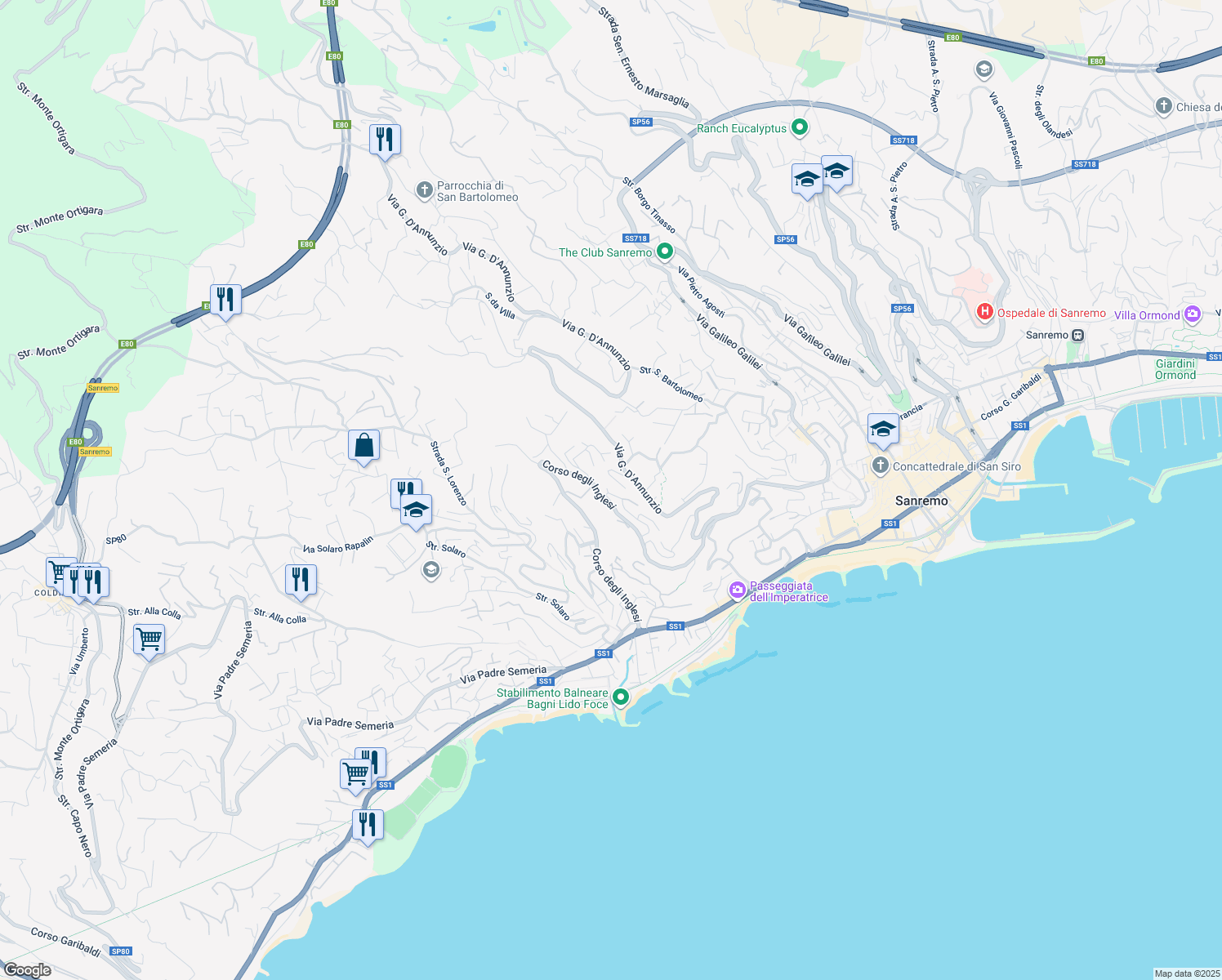 map of restaurants, bars, coffee shops, grocery stores, and more near 490 Corso degli Inglesi in Sanremo