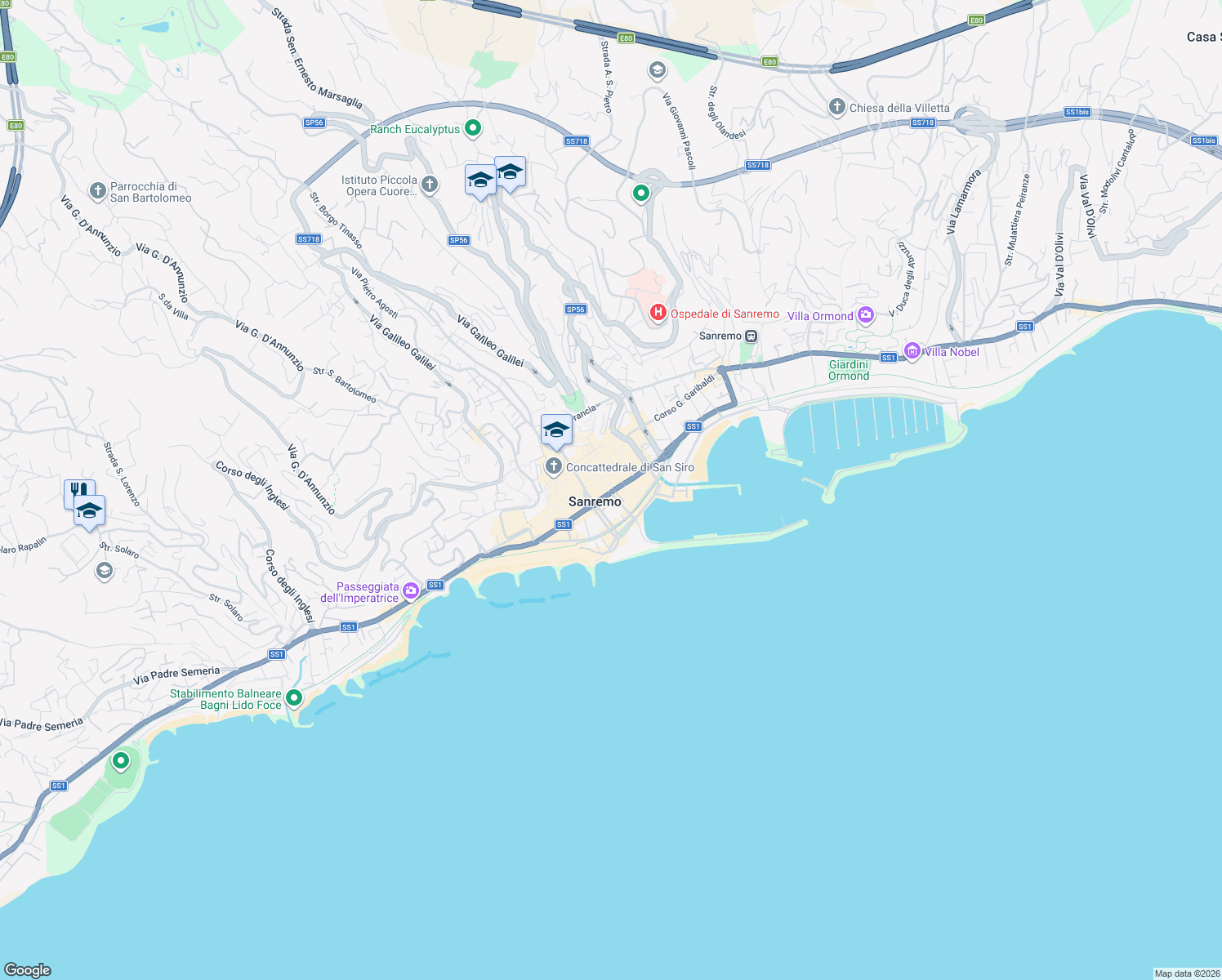 map of restaurants, bars, coffee shops, grocery stores, and more near 20 Via Gaudio in Sanremo