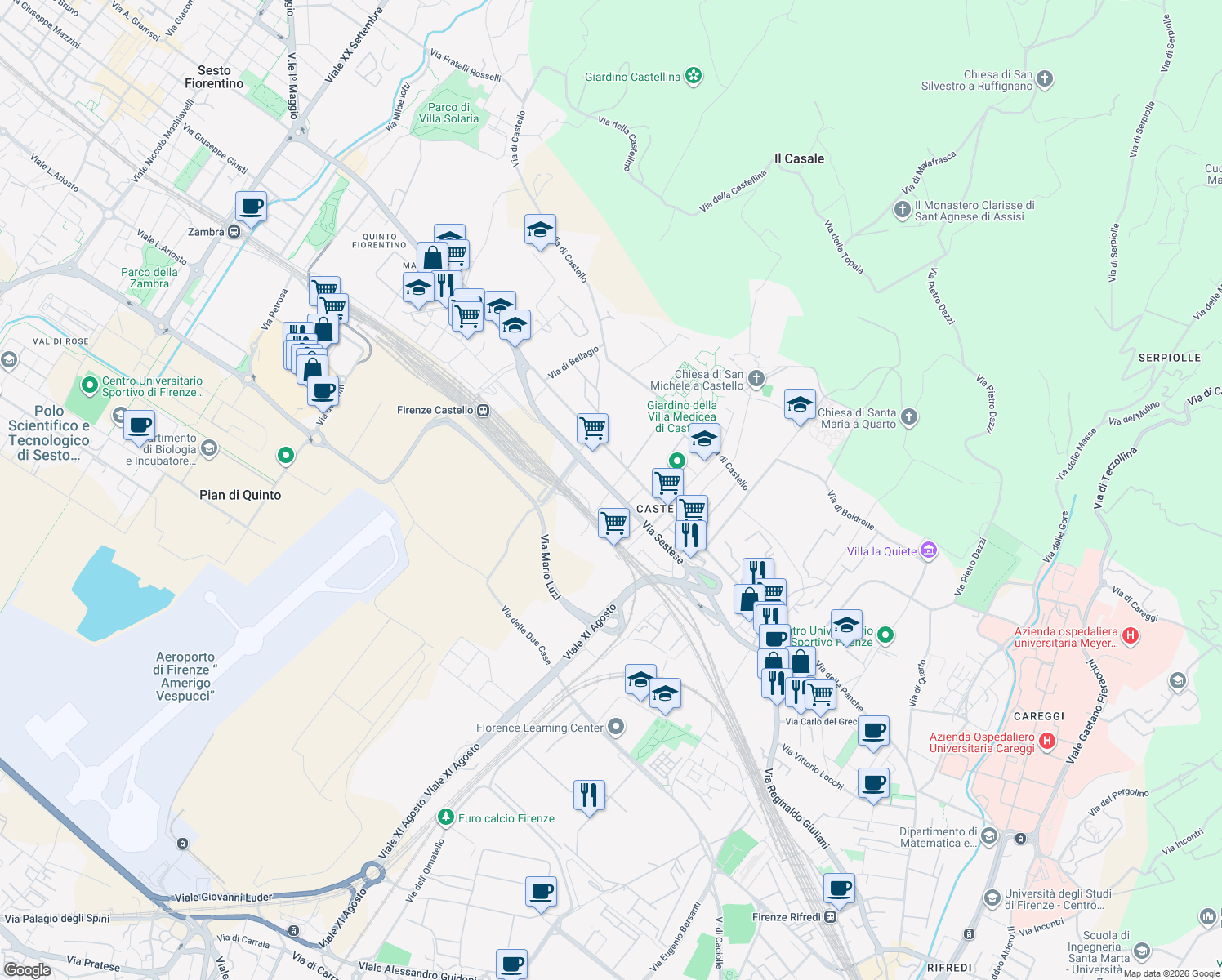 map of restaurants, bars, coffee shops, grocery stores, and more near 93 Via Sestese in Firenze