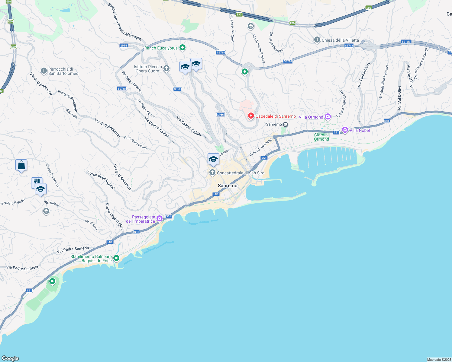 map of restaurants, bars, coffee shops, grocery stores, and more near in Sanremo