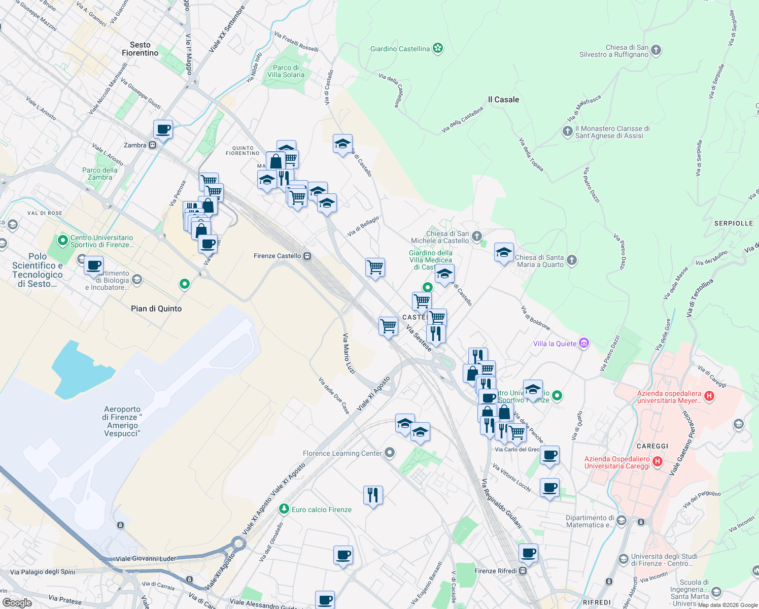 map of restaurants, bars, coffee shops, grocery stores, and more near 93 Via Sestese in Firenze