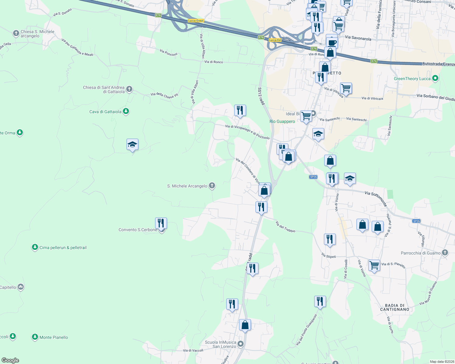 map of restaurants, bars, coffee shops, grocery stores, and more near 529 Via del Cimitero ⅩⅩⅠⅠⅠ in Lucca