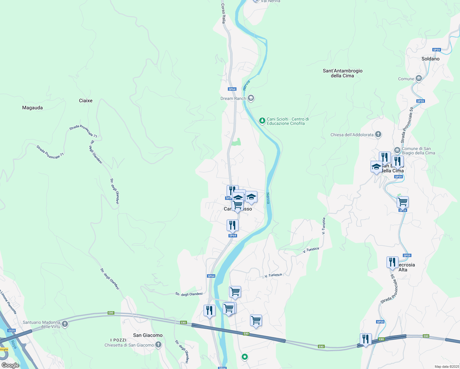 map of restaurants, bars, coffee shops, grocery stores, and more near 15 Piazza Giuseppe Mazzini in Camporosso