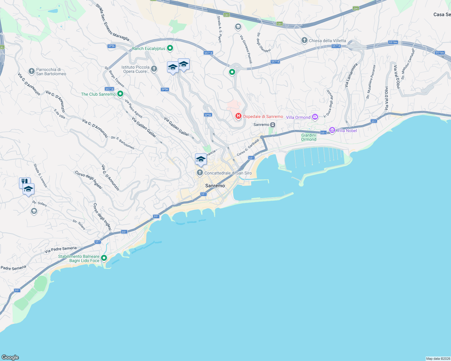map of restaurants, bars, coffee shops, grocery stores, and more near 45 Via Gaudio in Sanremo