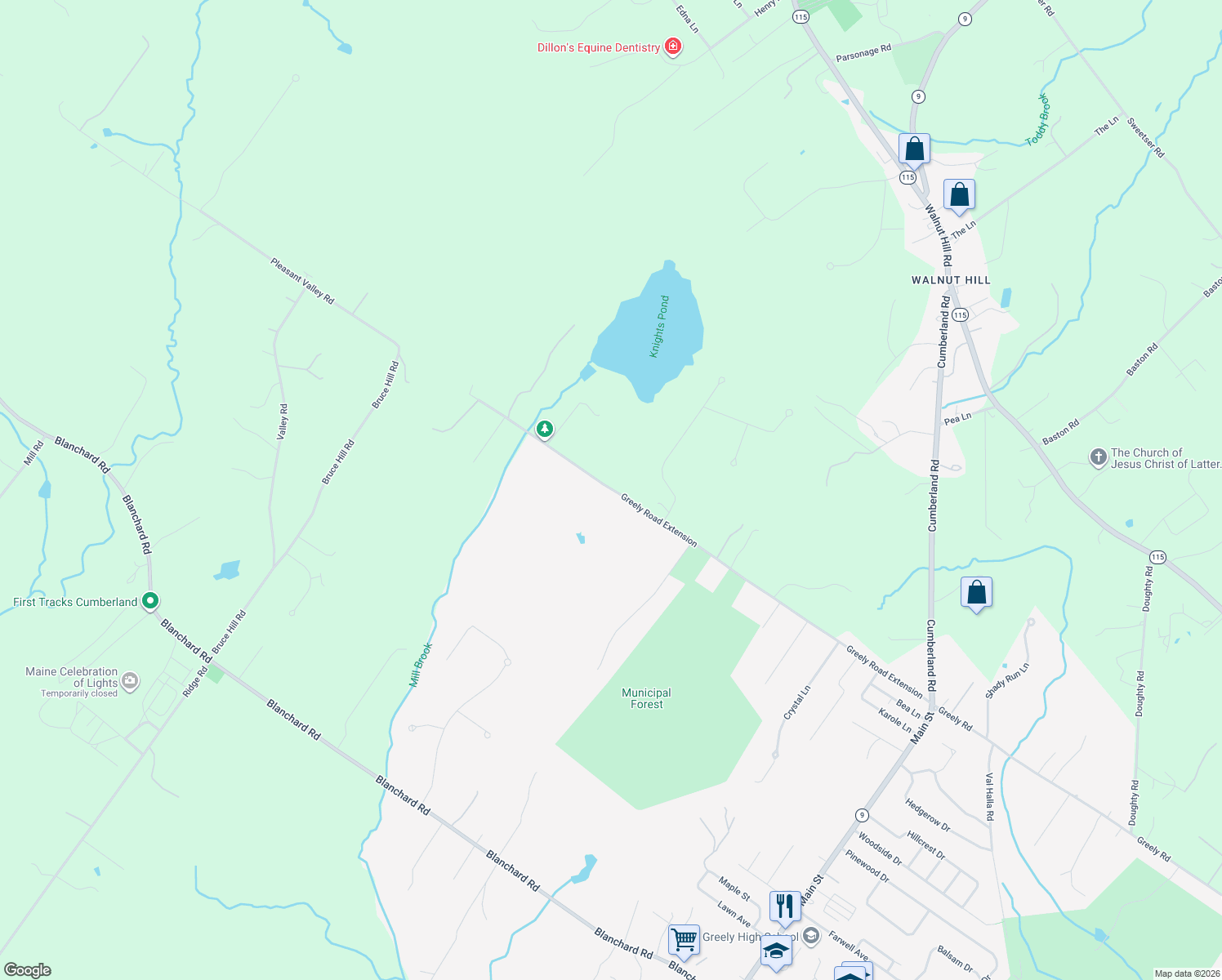 map of restaurants, bars, coffee shops, grocery stores, and more near 444 Greely Road Extension in Cumberland