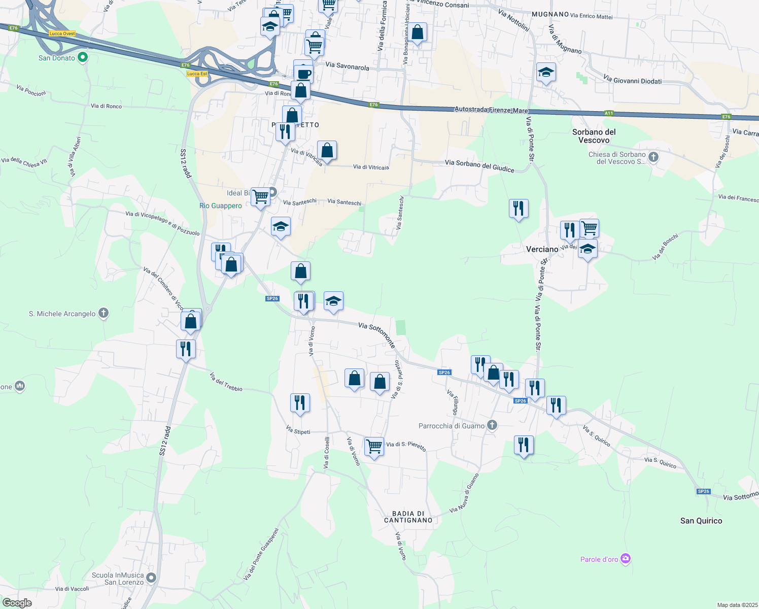 map of restaurants, bars, coffee shops, grocery stores, and more near 35 Via Sottomonte in Capannori