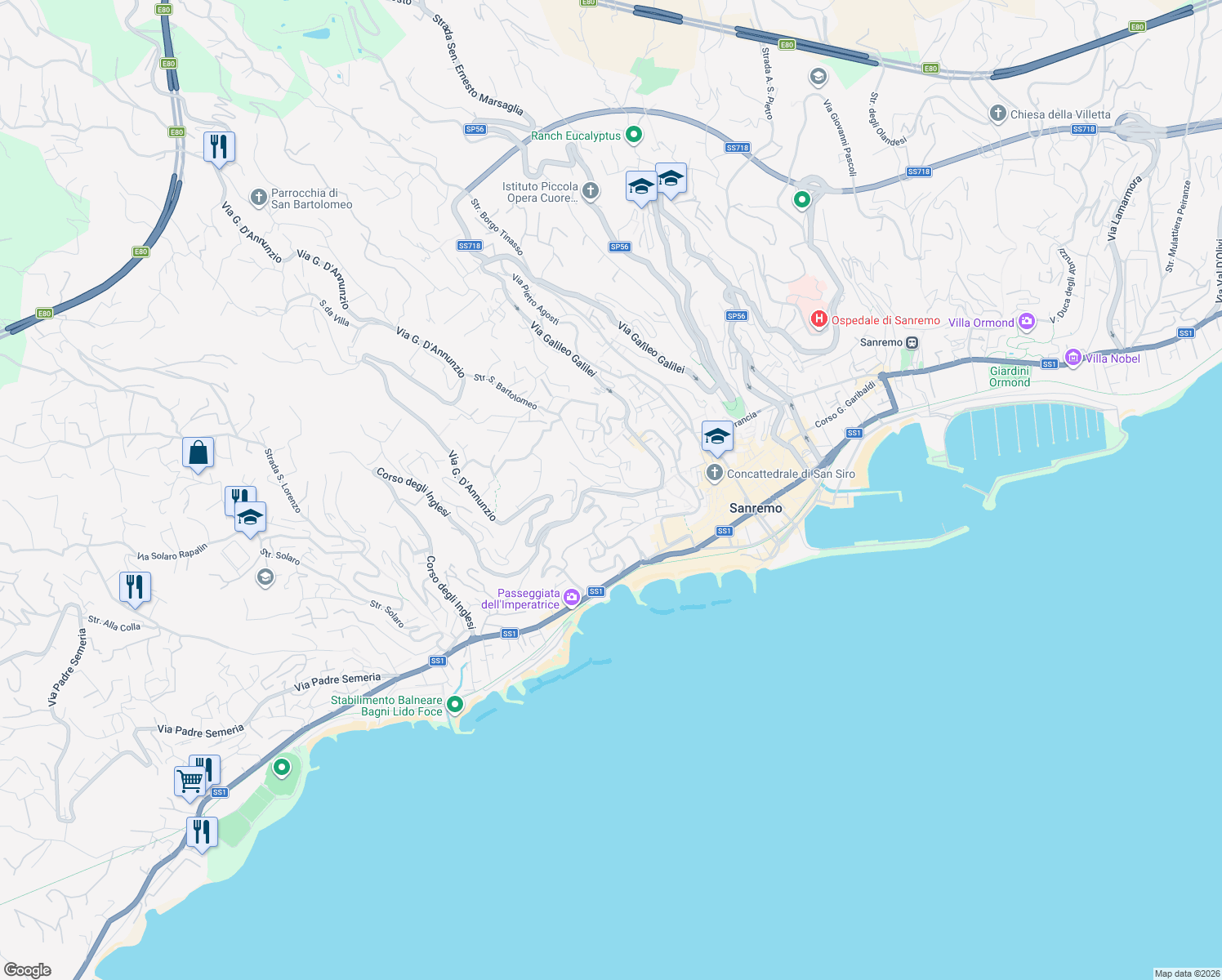 map of restaurants, bars, coffee shops, grocery stores, and more near 63 Via Privata Fratelli Asquasciati in Sanremo