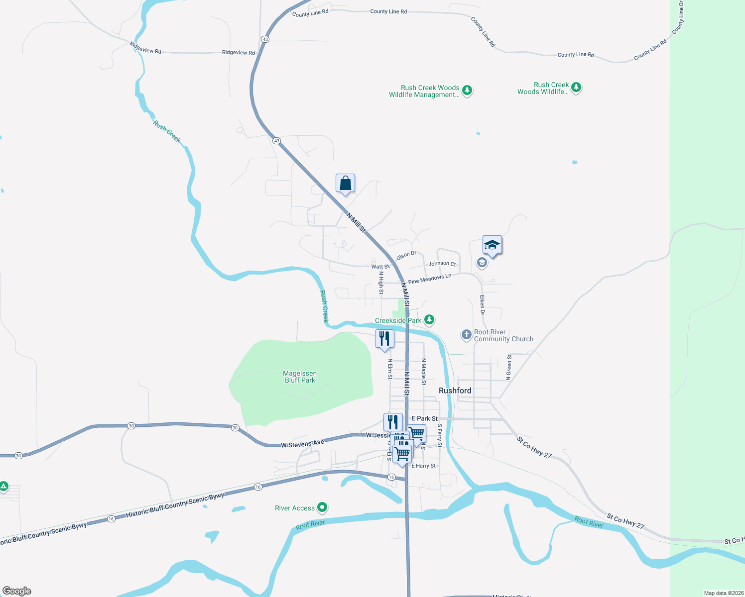 map of restaurants, bars, coffee shops, grocery stores, and more near 206 West Center Street in Rushford