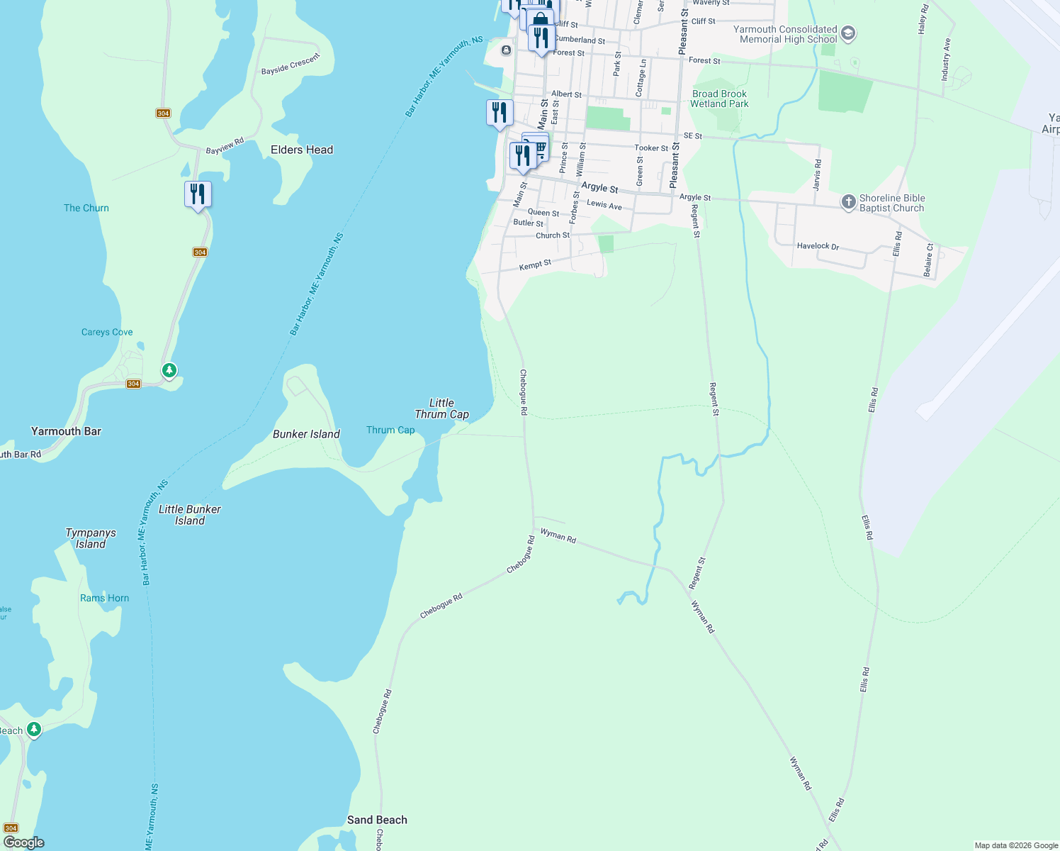 map of restaurants, bars, coffee shops, grocery stores, and more near 2492 Chebogue Road in Yarmouth
