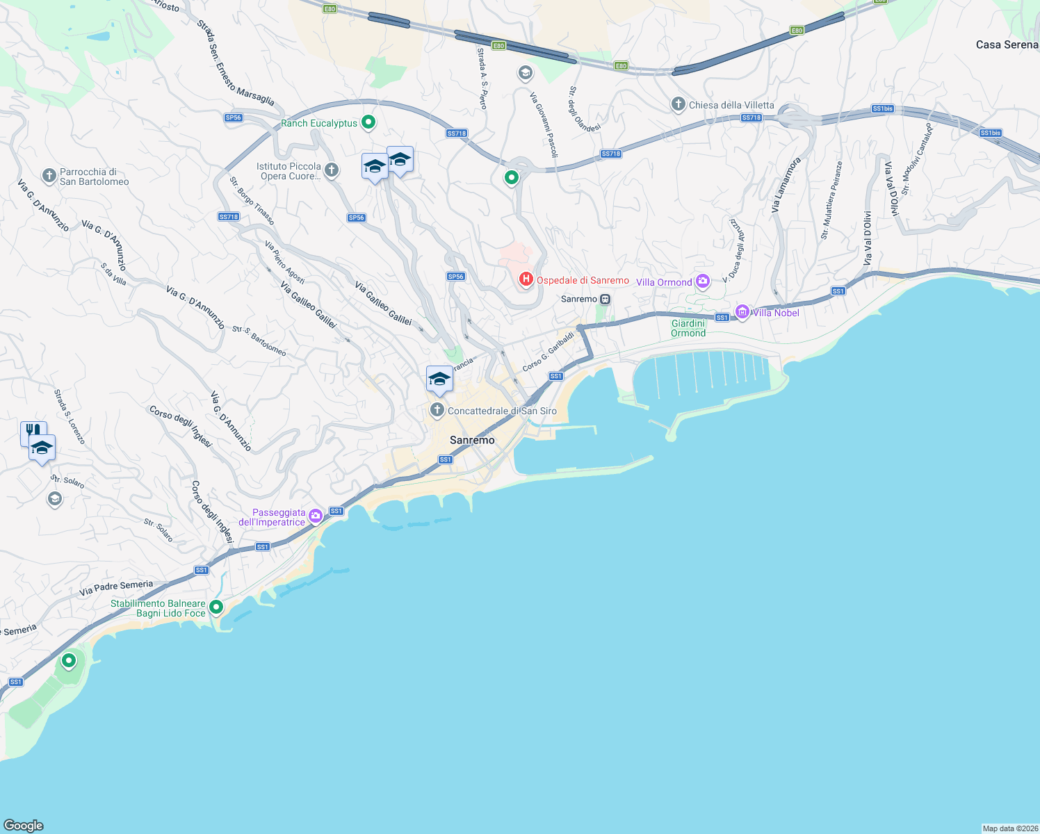 map of restaurants, bars, coffee shops, grocery stores, and more near 34 Via Bartolomeo Asquasciati in Sanremo