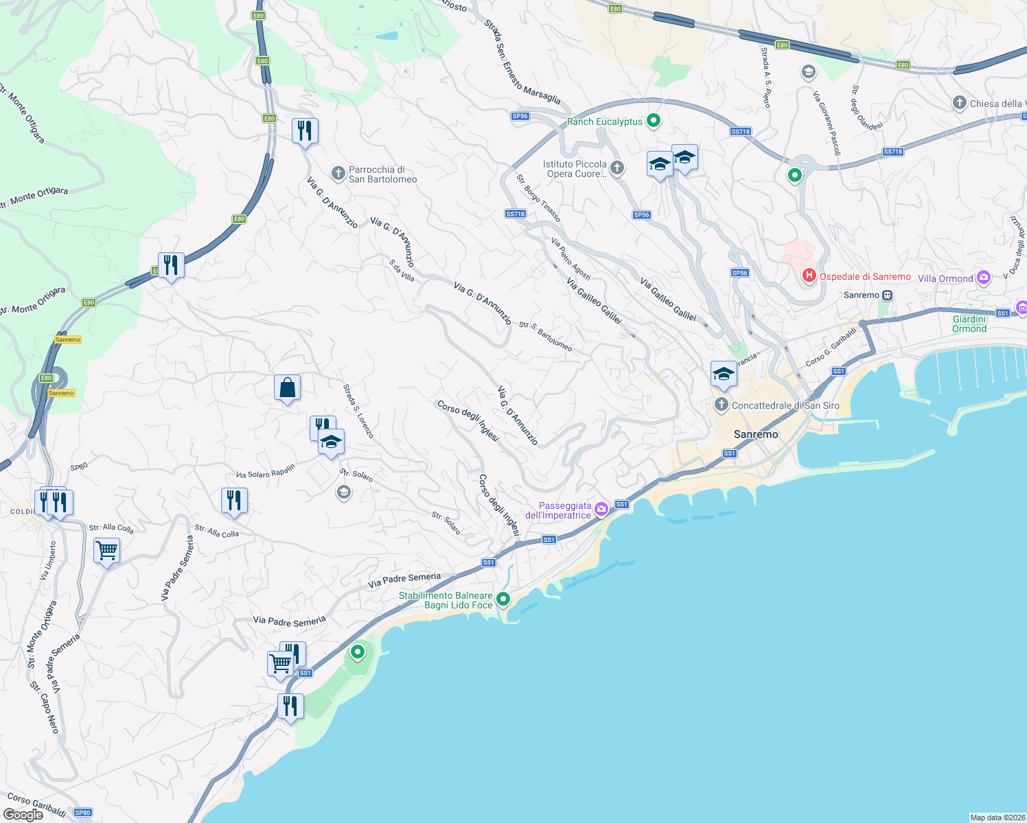 map of restaurants, bars, coffee shops, grocery stores, and more near 52 Via Gabriele D'Annunzio in Sanremo
