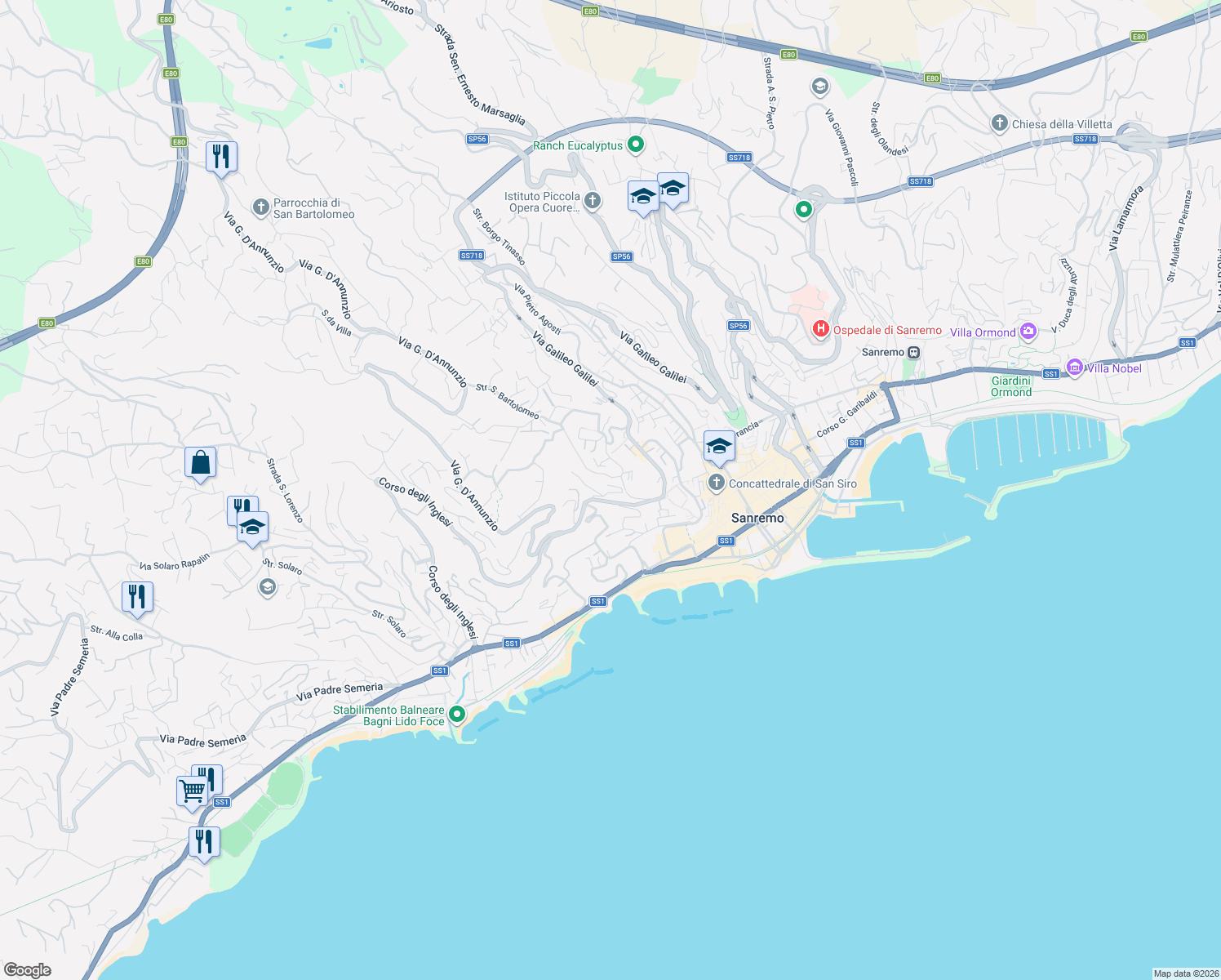 map of restaurants, bars, coffee shops, grocery stores, and more near 63 Via Privata Fratelli Asquasciati in Sanremo