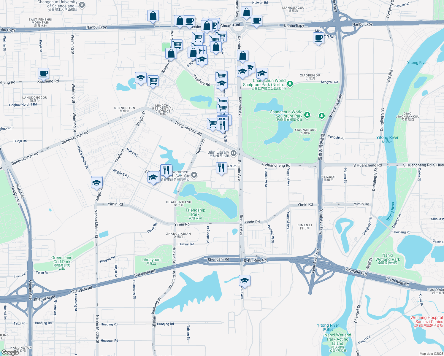 map of restaurants, bars, coffee shops, grocery stores, and more near in Changchun