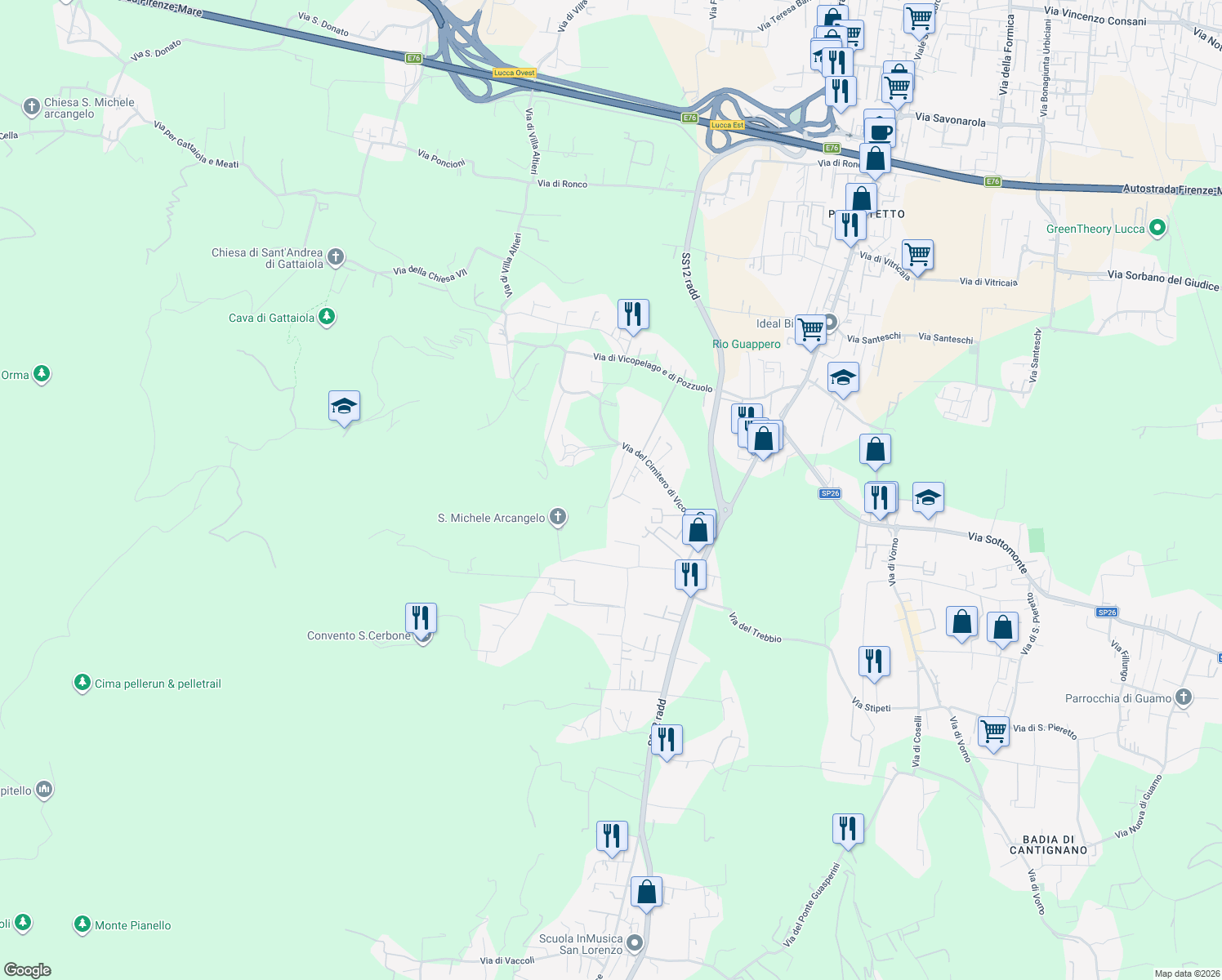 map of restaurants, bars, coffee shops, grocery stores, and more near 529 Via del Cimitero ⅩⅩⅠⅠⅠ in Lucca