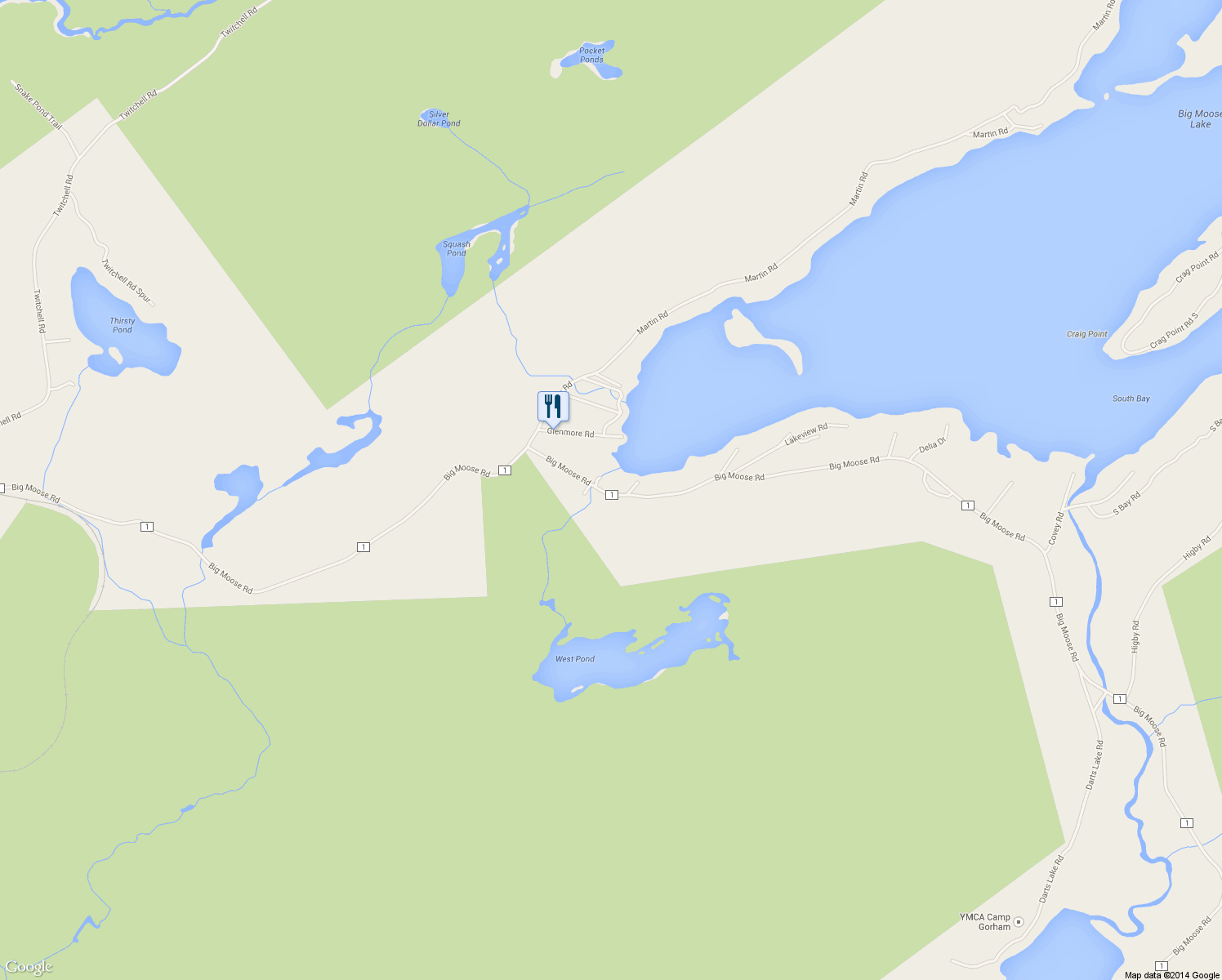 map of restaurants, bars, coffee shops, grocery stores, and more near 1562 Big Moose Road in Eagle Bay