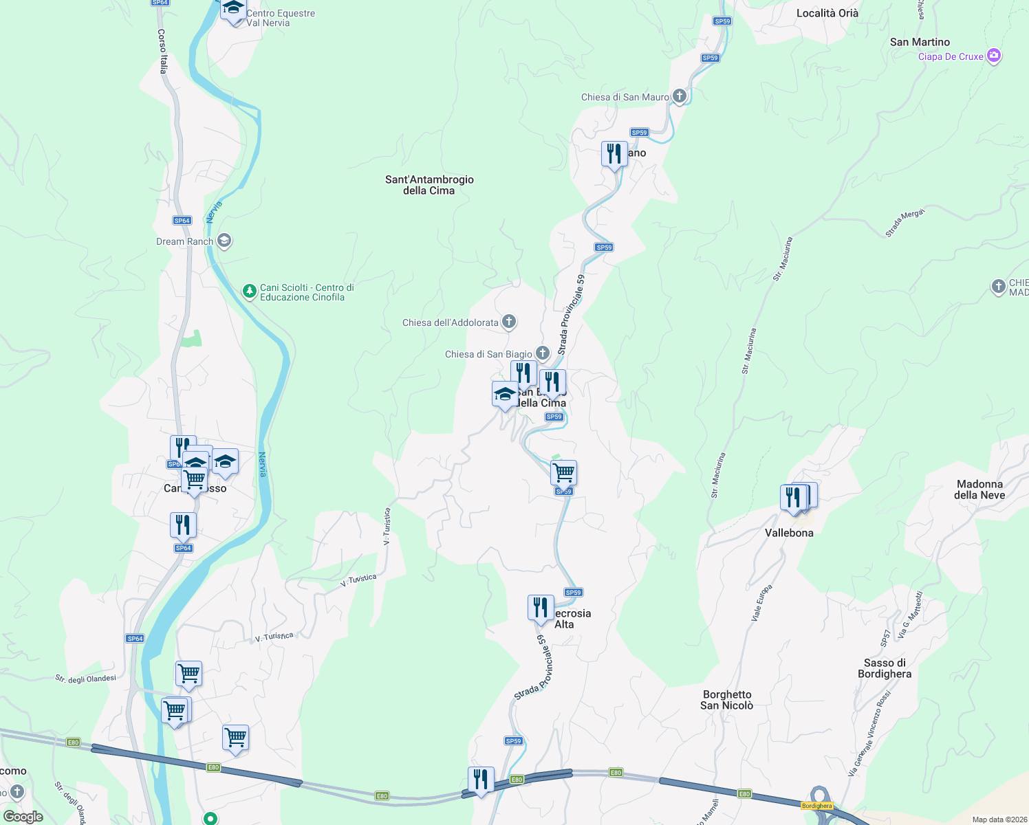 map of restaurants, bars, coffee shops, grocery stores, and more near 15 Via Antonio Molinari in San Biagio della Cima