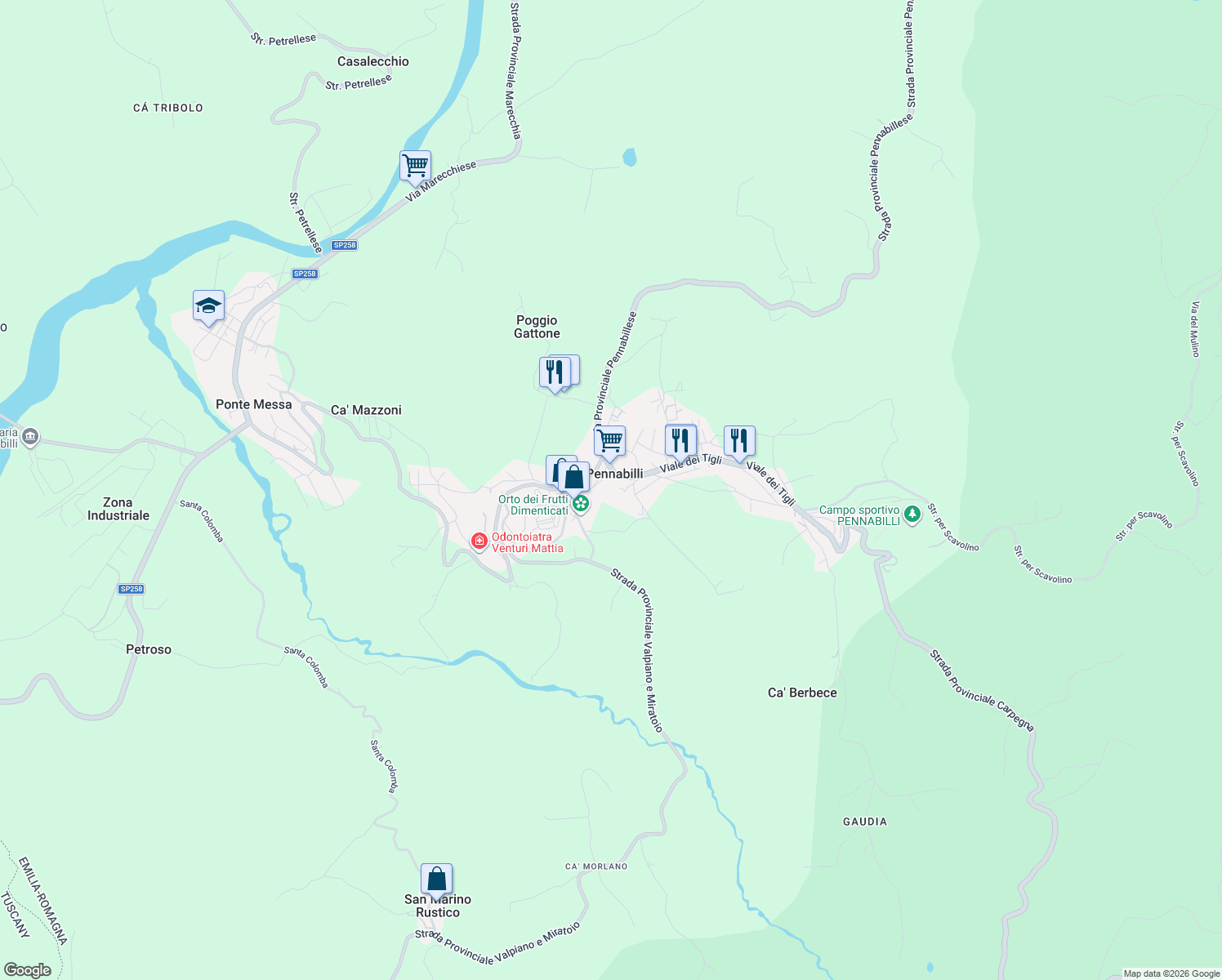 map of restaurants, bars, coffee shops, grocery stores, and more near 29 Via Guglielmo Marconi in Pennabilli
