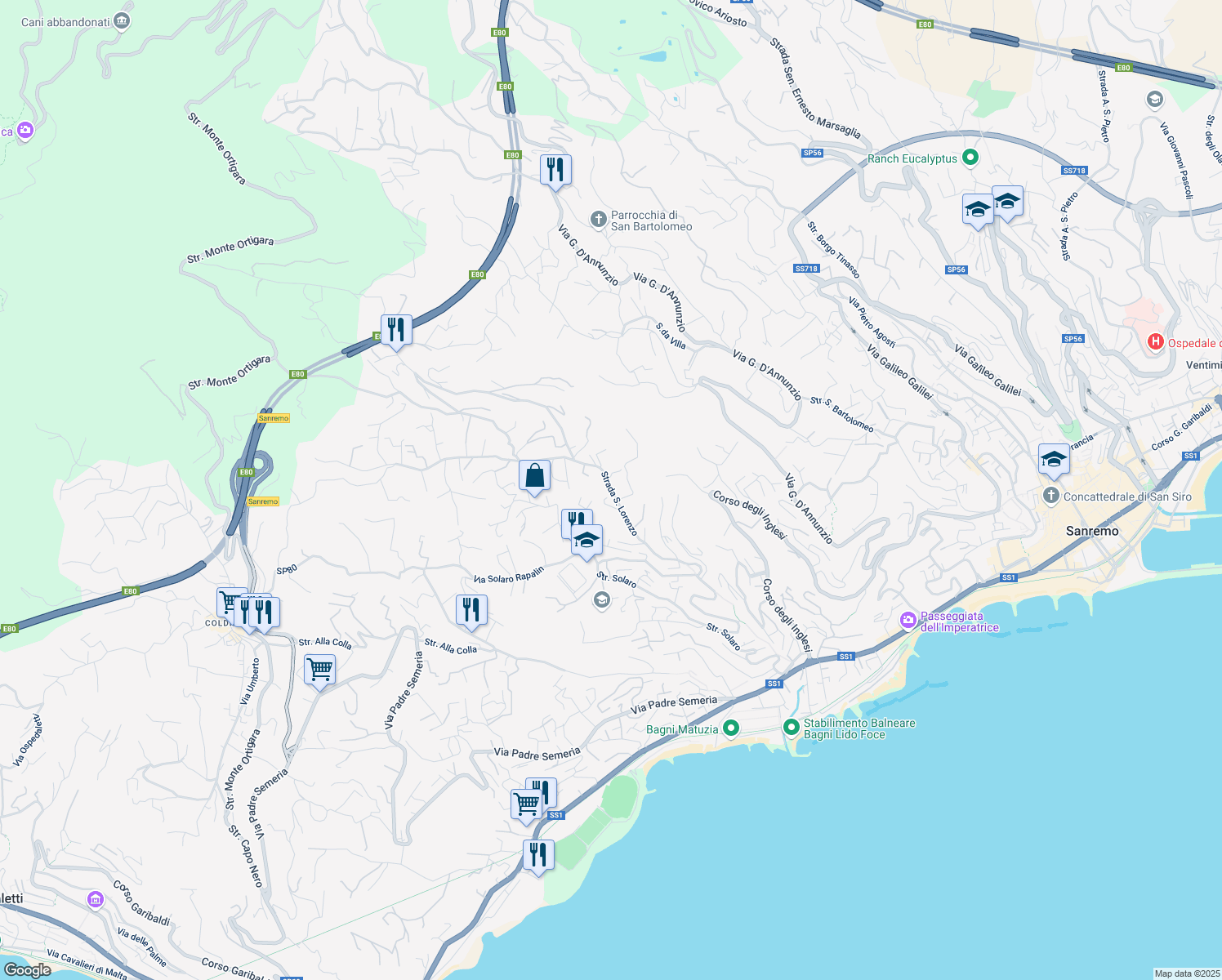 map of restaurants, bars, coffee shops, grocery stores, and more near 76 Strada San Lorenzo in Sanremo