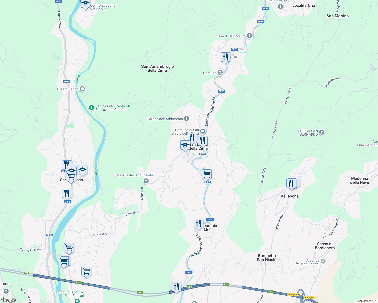 map of restaurants, bars, coffee shops, grocery stores, and more near 15 Via Antonio Molinari in San Biagio della Cima