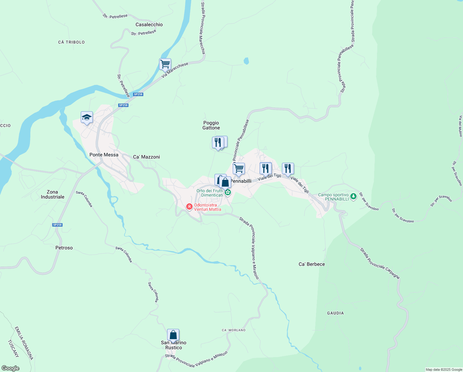 map of restaurants, bars, coffee shops, grocery stores, and more near in Pennabilli