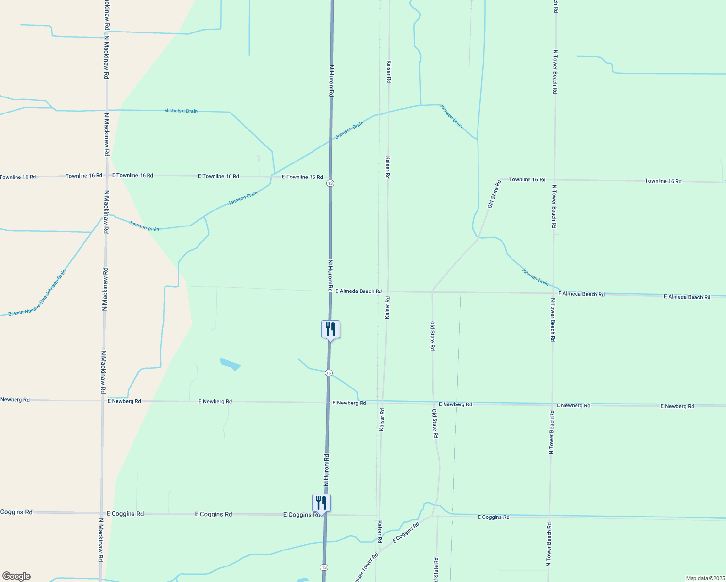 map of restaurants, bars, coffee shops, grocery stores, and more near 2081 East Almeda Beach Road in Pinconning