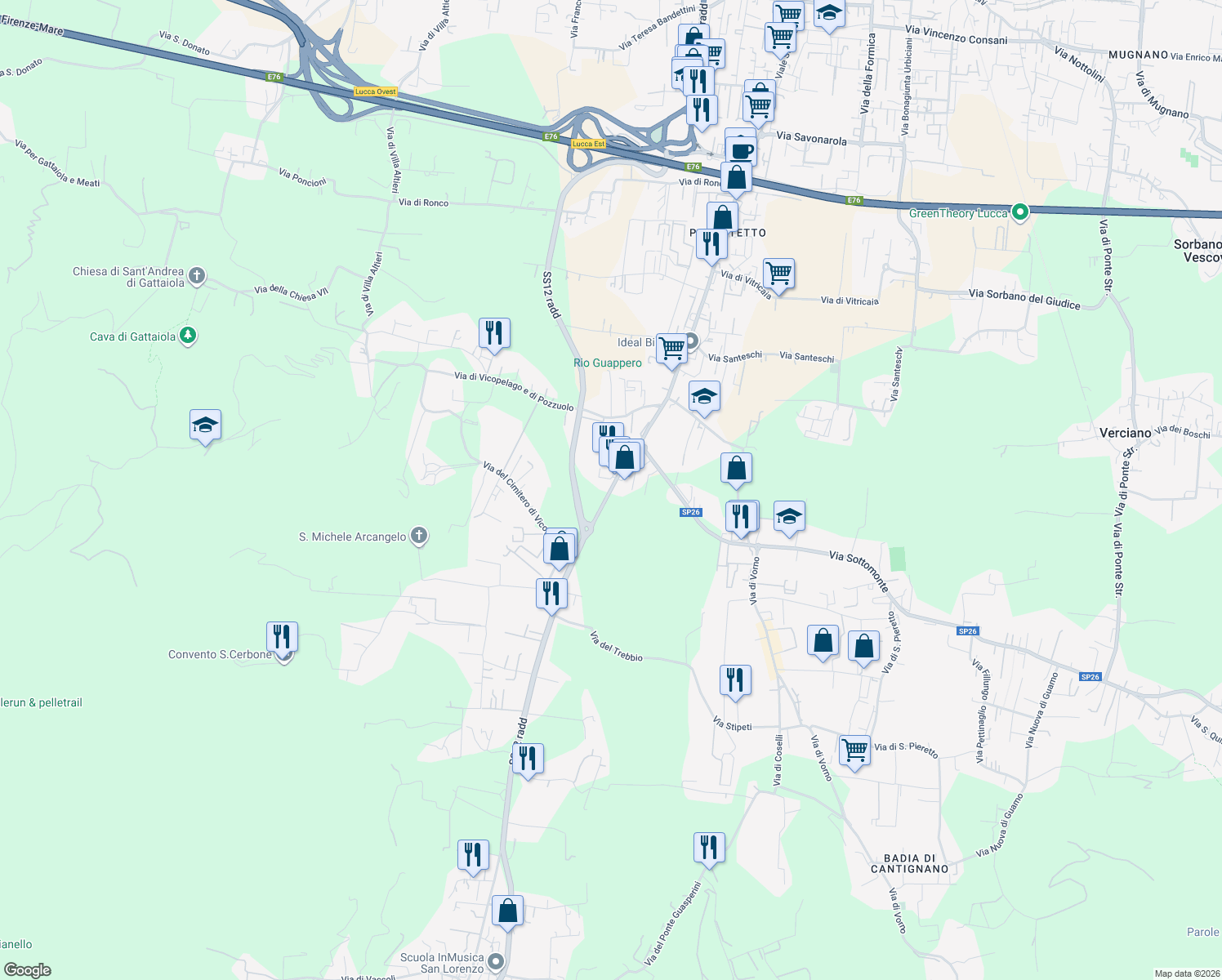 map of restaurants, bars, coffee shops, grocery stores, and more near 384 Via Nuova per Pisa in Lucca