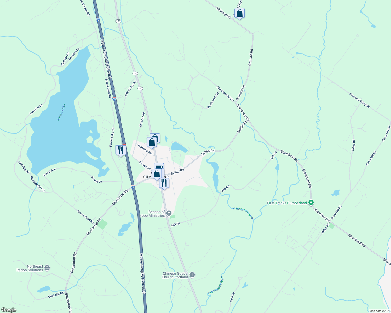 map of restaurants, bars, coffee shops, grocery stores, and more near 36 Skillin Road in Cumberland