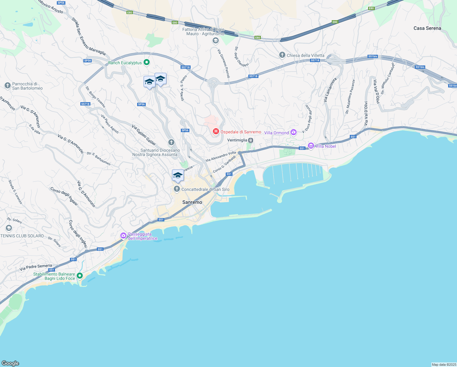 map of restaurants, bars, coffee shops, grocery stores, and more near 10 Corso Raimondo Orazio in Sanremo