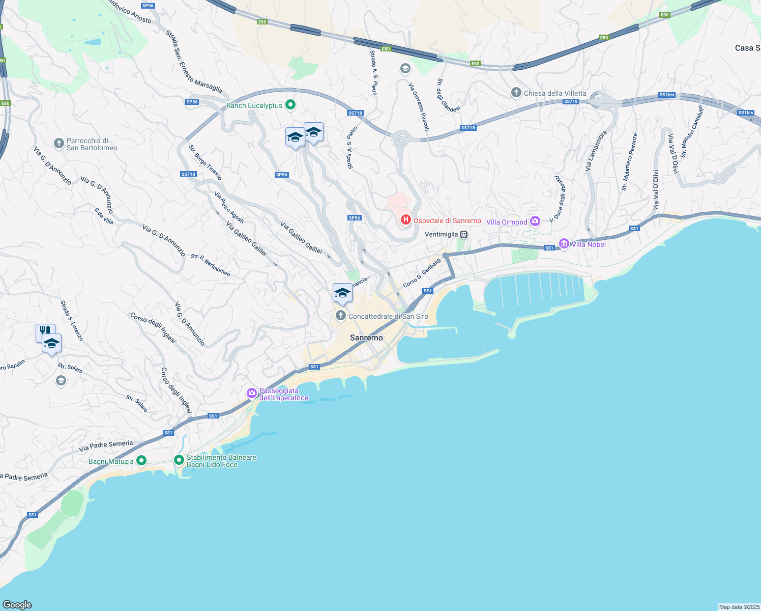 map of restaurants, bars, coffee shops, grocery stores, and more near 78 Corso Giacomo Matteotti in Sanremo