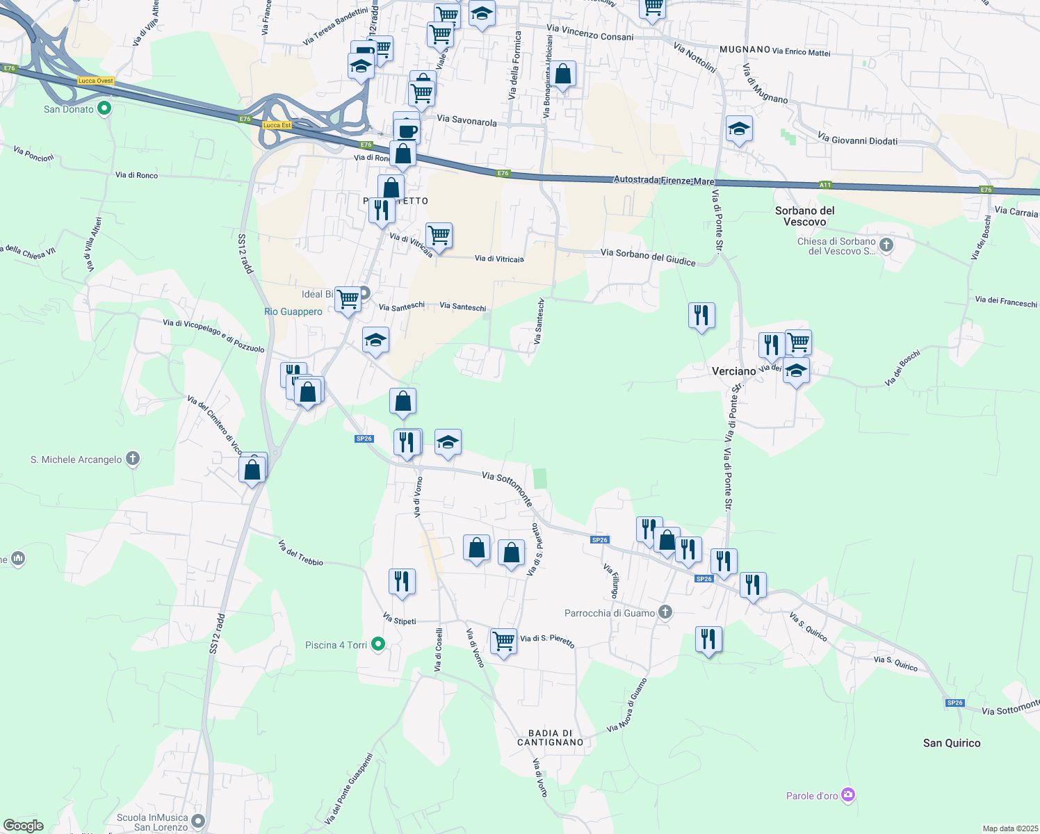 map of restaurants, bars, coffee shops, grocery stores, and more near 35 Via di Sottomonte in Capannori